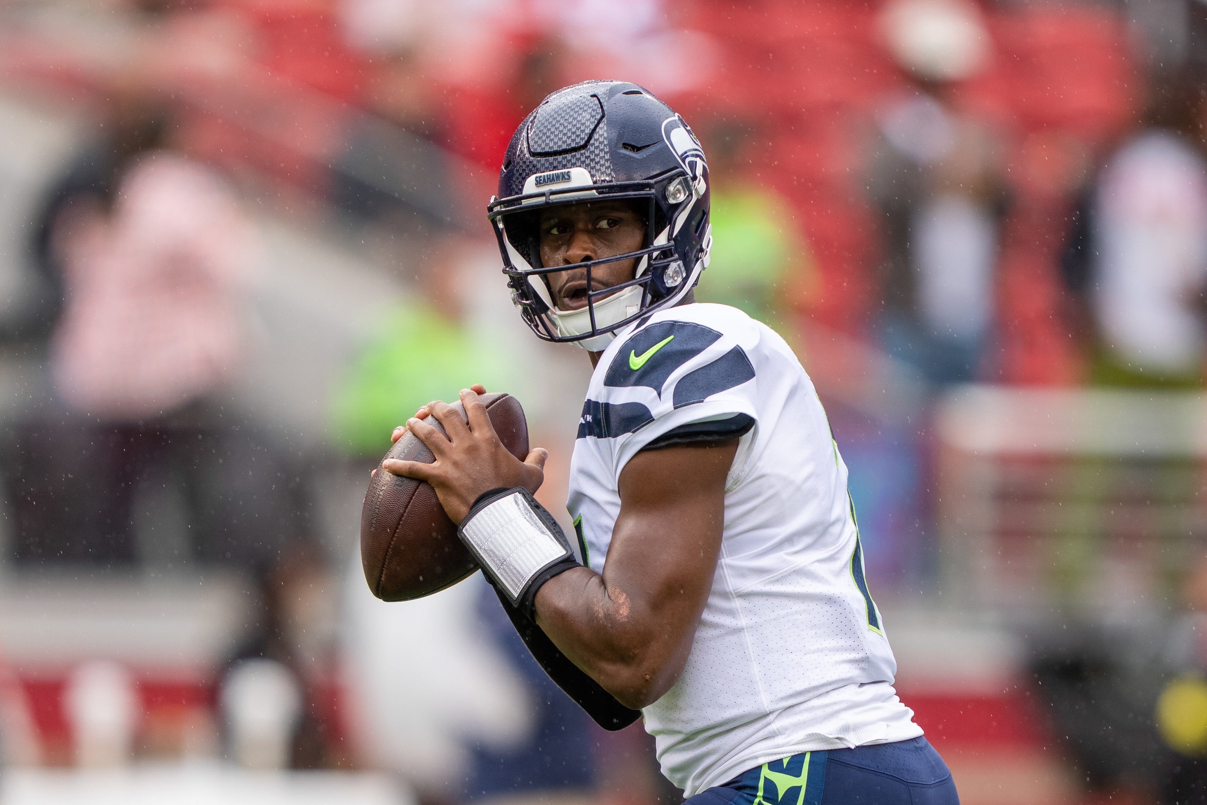 September 18, 2022; Santa Clara, California, USA; Seattle Seahawks quarterback Geno Smith (7) before the game against the San Francisco 49ers at Levi's Stadium.