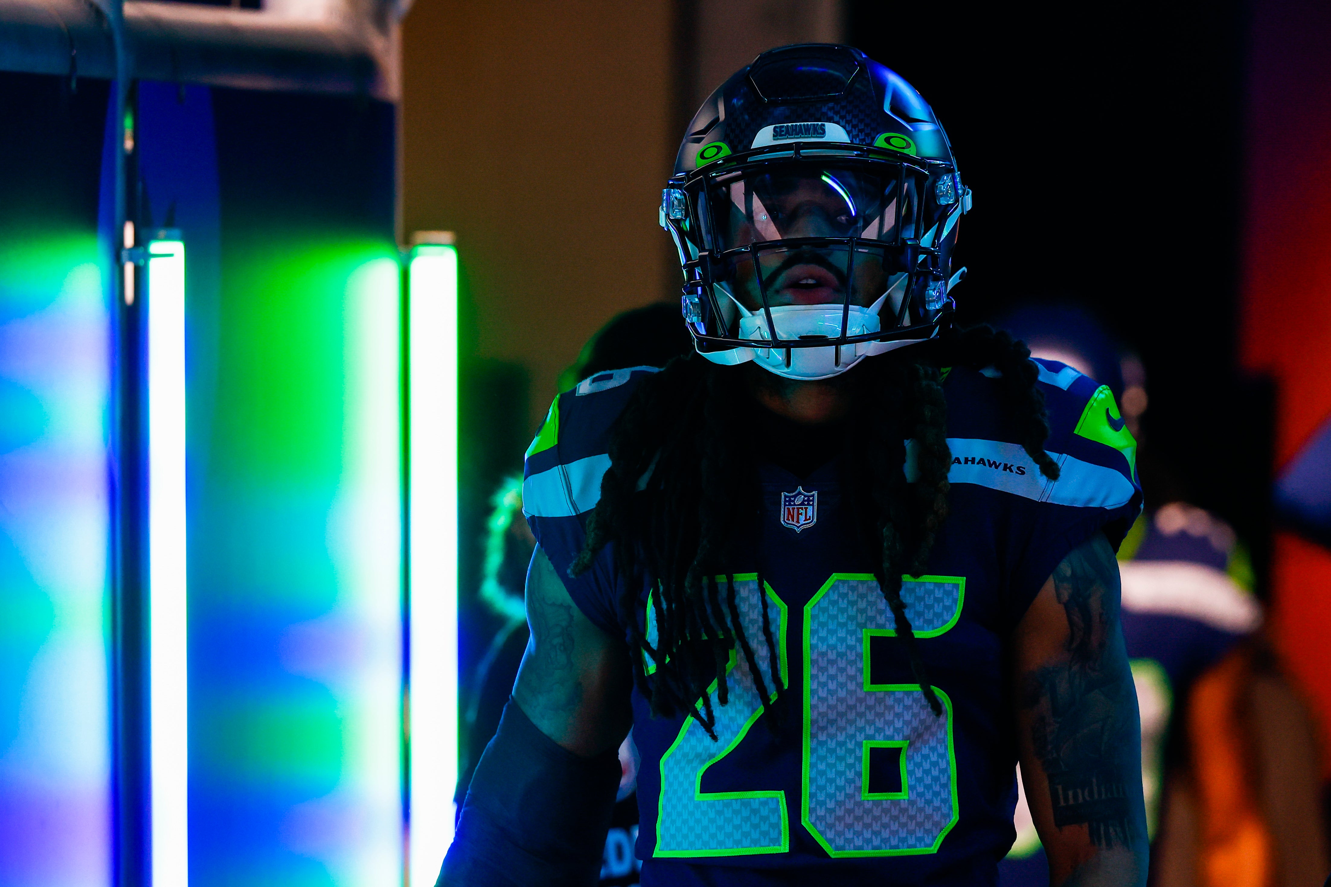 Dec 11, 2022; Seattle, Washington, USA; Seattle Seahawks safety Ryan Neal (26) exits the locker room for pregame warmups against the Carolina Panthers at Lumen Field.