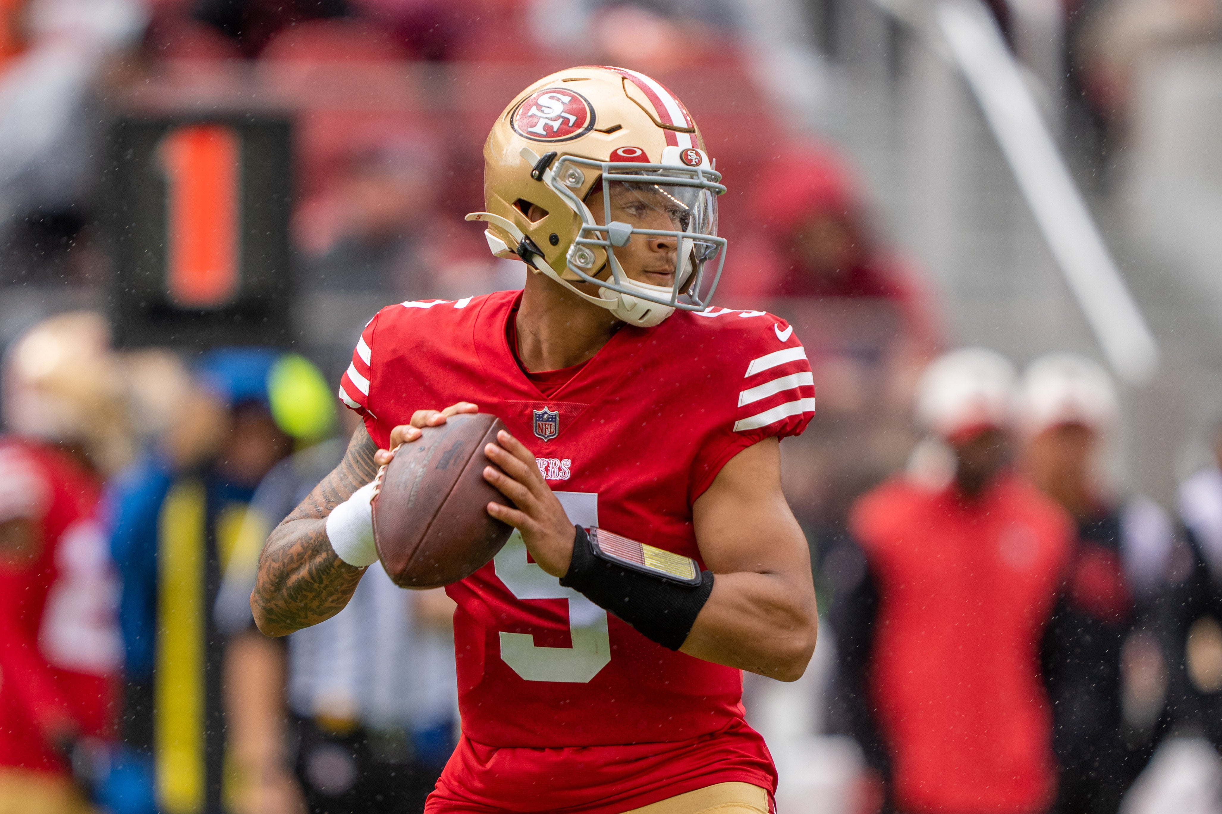 September 18, 2022; Santa Clara, California, USA; San Francisco 49ers quarterback Trey Lance (5) during the first quarter against the Seattle Seahawks at Levi's Stadium.