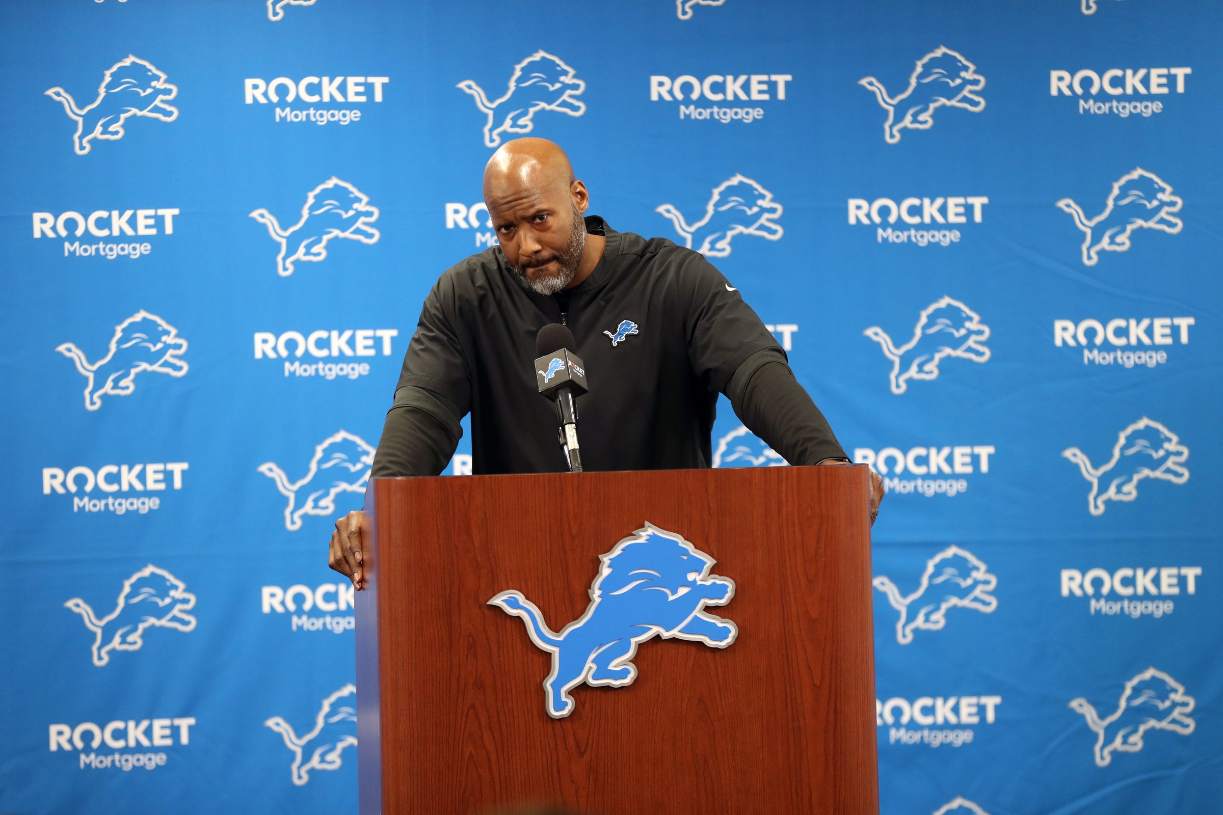 Lions GM Brad Holmes speaks to the media on Tuesday, Jan. 11, 2022, in Allen Park. Lions