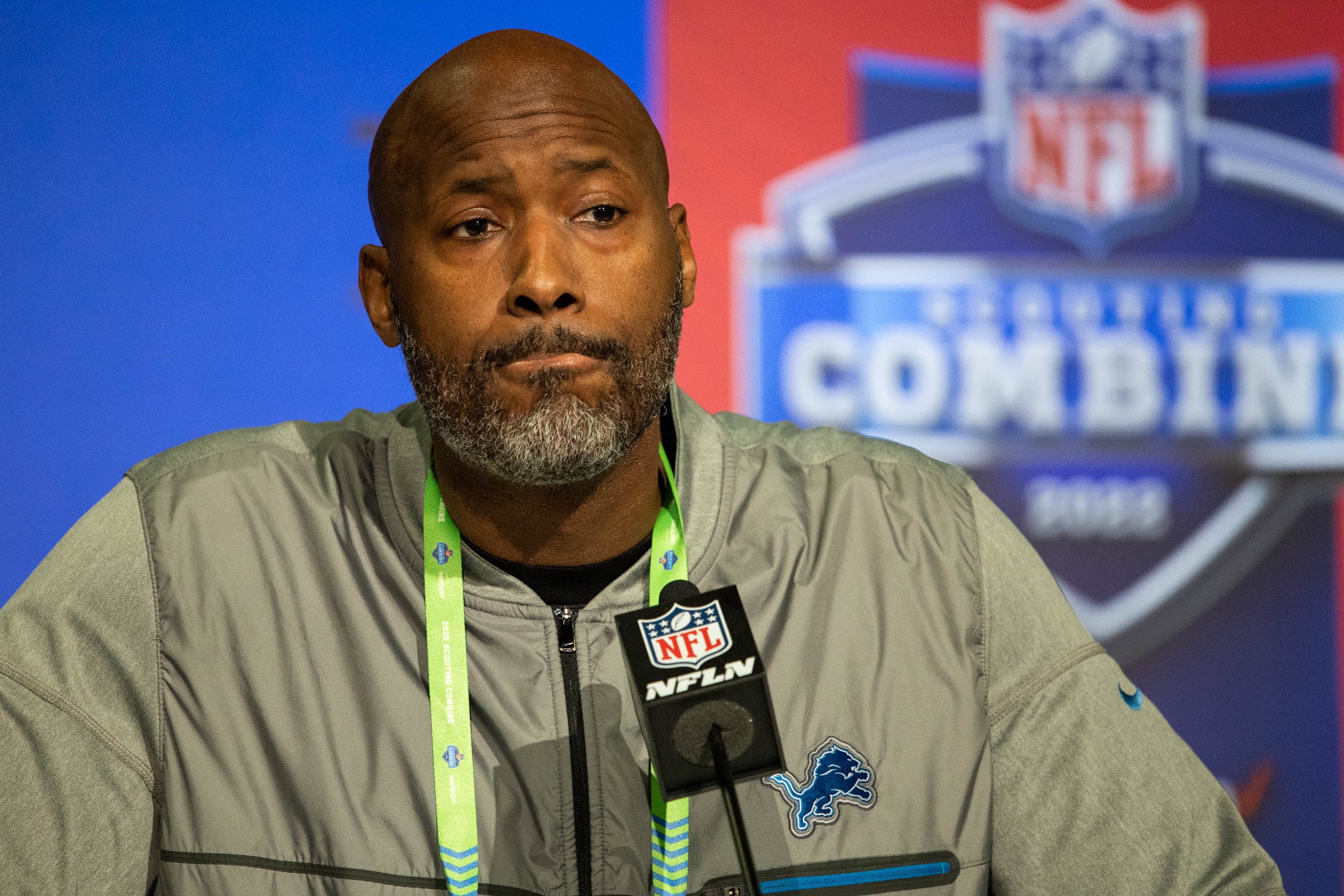 Mar 1, 2022; Indianapolis, IN, USA; Detroit Lions general manager Brad Holmes talks to the media during the 2022 NFL Combine. Mandatory Credit: Trevor Ruszkowski-USA TODAY Sports
