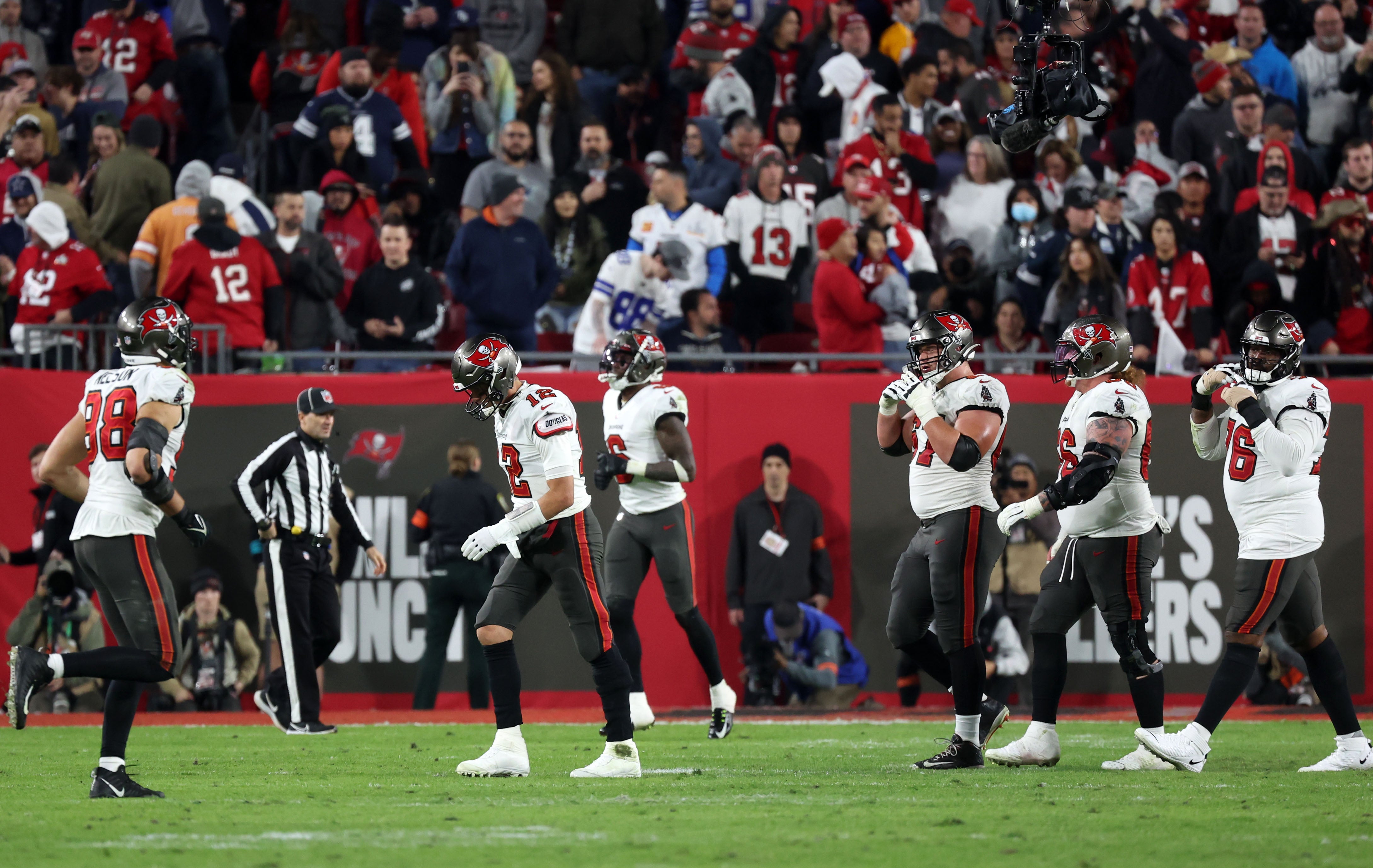 Jan 16, 2023; Tampa, Florida, USA; Tampa Bay Buccaneers quarterback Tom Brady (12) reacts in the second half against the Dallas Cowboys during the wild card game at Raymond James Stadium. Mandatory Credit: Kim Klement-USA TODAY Sports