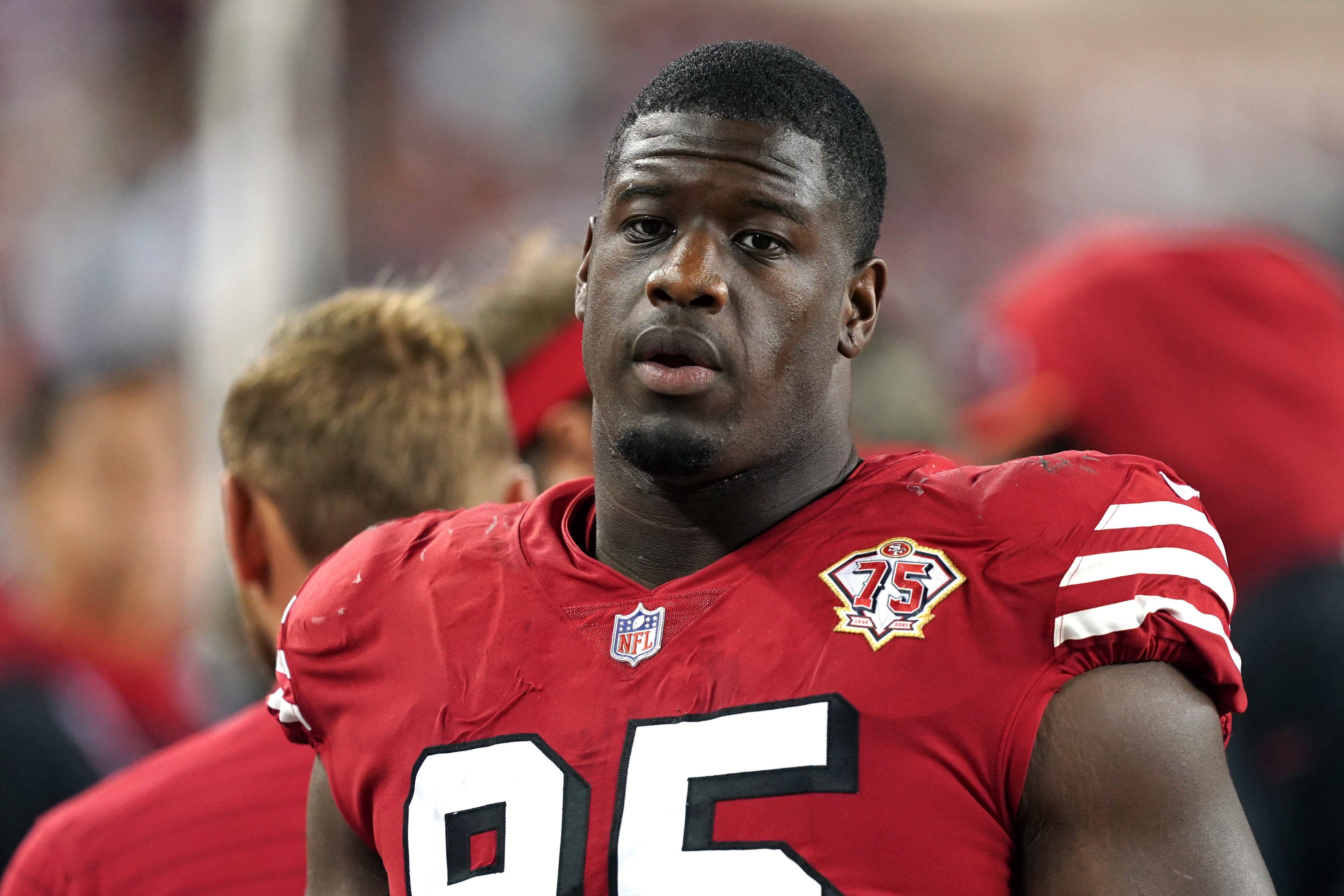Sep 26, 2021; Santa Clara, California, USA; San Francisco 49ers defensive end Kentavius Street (95) stands on the sideline during the fourth quarter against the Green Bay Packers at Levi's Stadium.