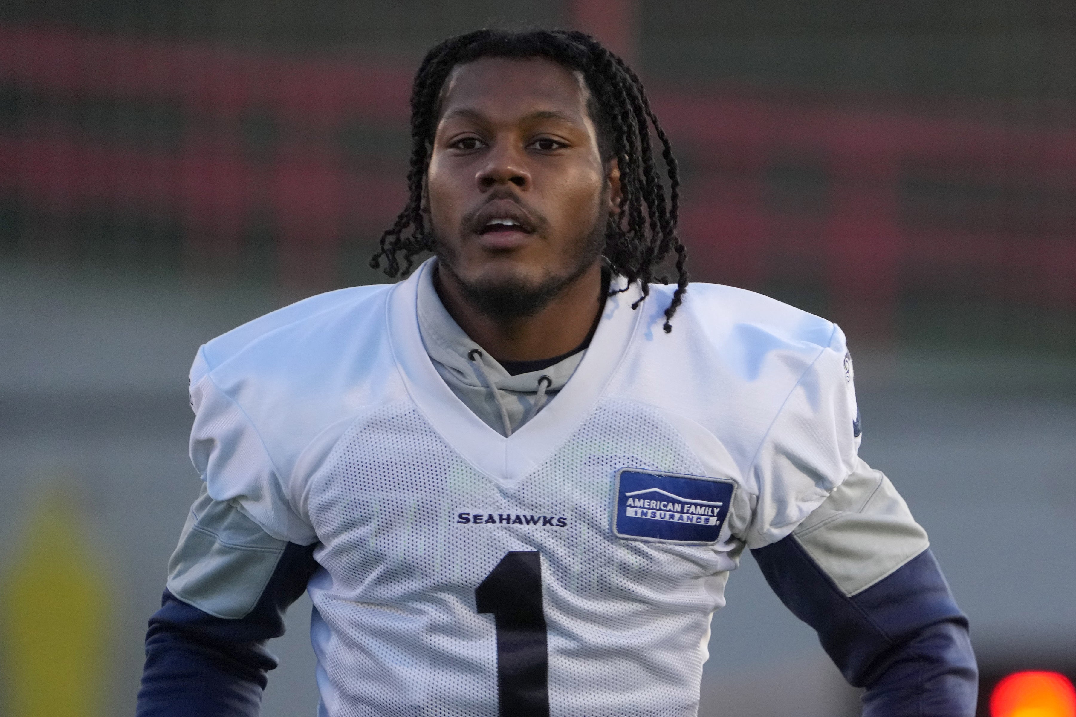 Nov 10, 2022; Munich, Germany; Seattle Seahawks receiver Dee Eskridge (1) during practice at FC Bayern Munich at Sabener Strabe.