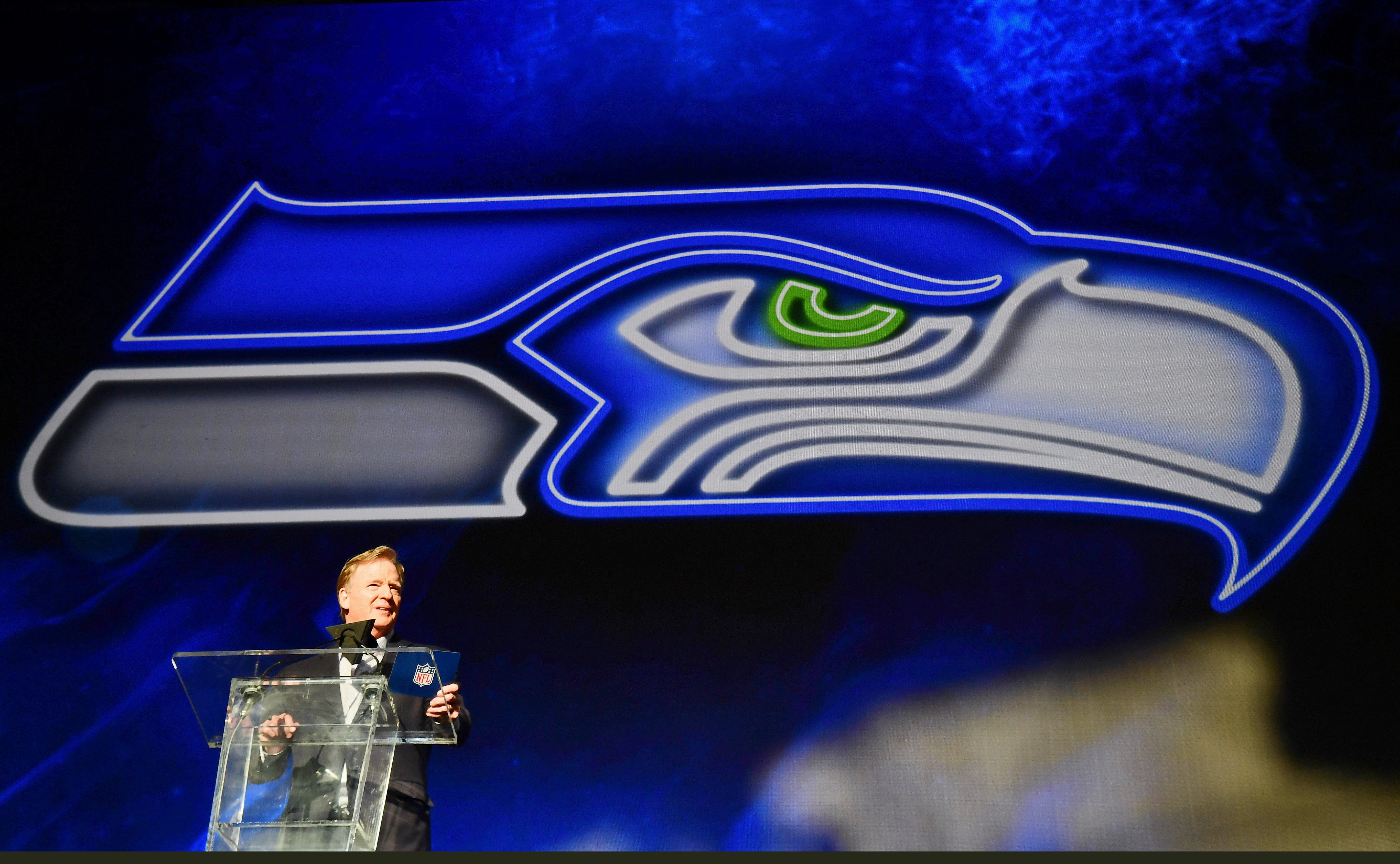 Apr 28, 2022; Las Vegas, NV, USA; NFL commissioner Roger Goodell announces Mississippi State offensive tackle Charles Cross as the ninth overall pick to the Seattle Seahawks during the first round of the 2022 NFL Draft at the NFL Draft Theater.