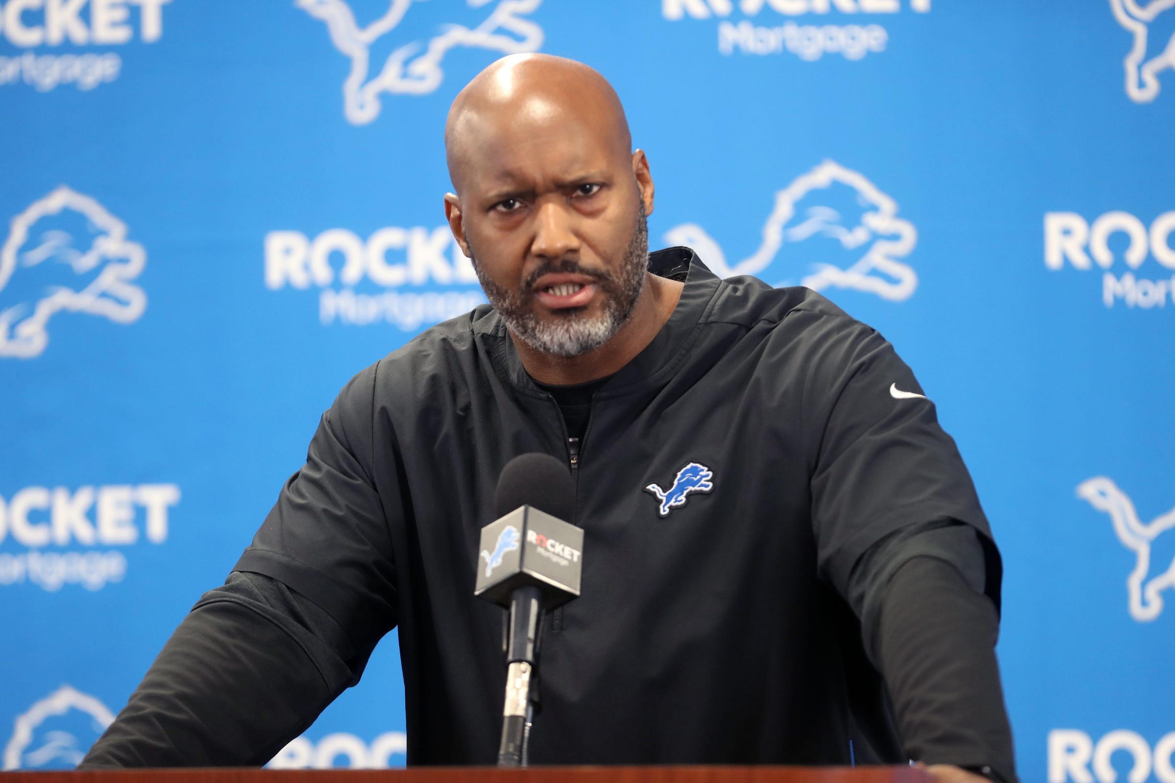 Lions GM Brad Holmes speaks to the media on Tuesday, Jan.11, 2022, in Allen Park.