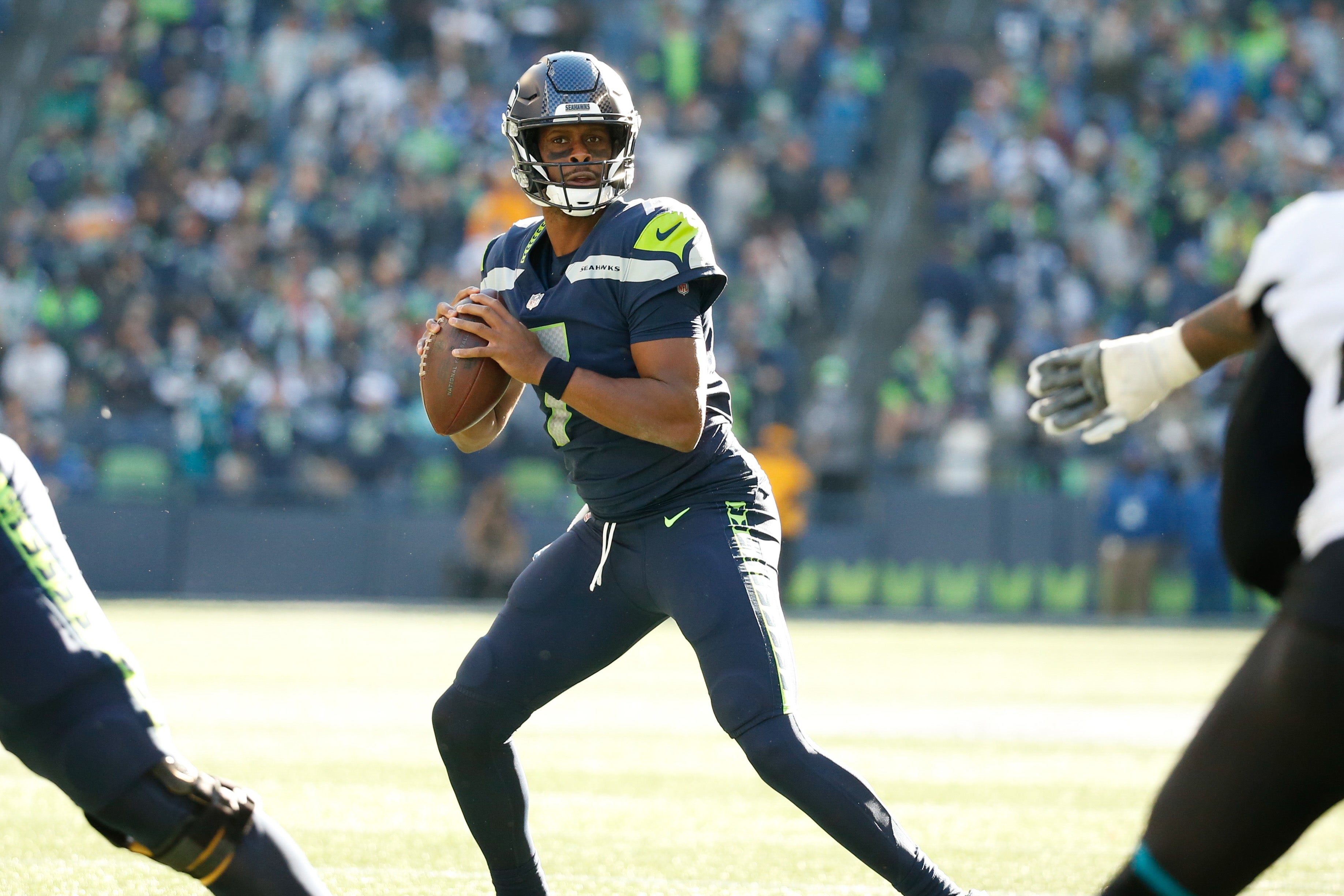 Oct 31, 2021; Seattle, Washington, USA; Seattle Seahawks quarterback Geno Smith (7) looks to pass against the Jacksonville Jaguars during the second quarter at Lumen Field.