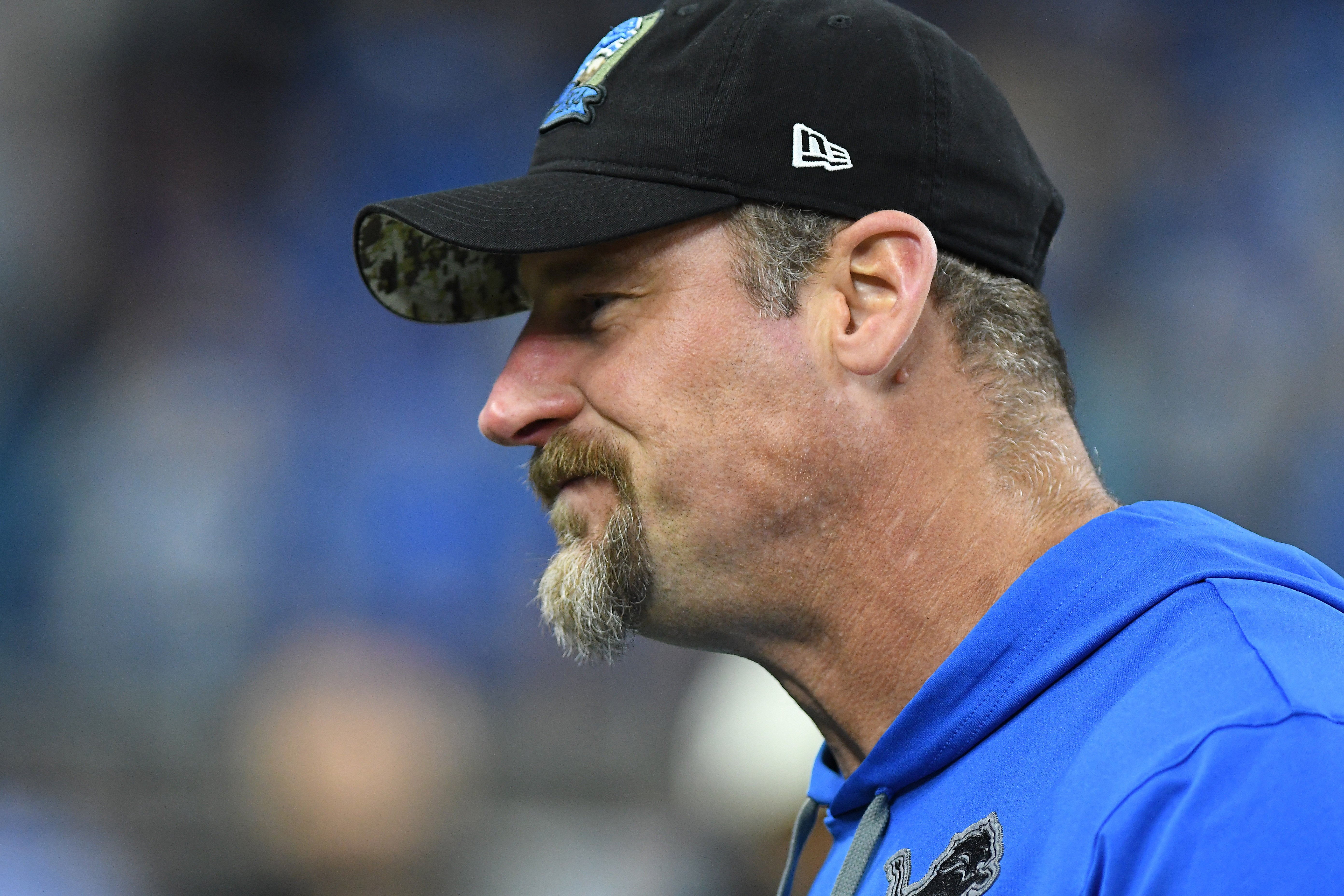 Dec 4, 2022; Detroit, Michigan, USA; Detroit Lions head coach Dan Campbell talks with members of the Ford family (not pictured) on the sidelines before their game against the Jacksonville Jaguars at Ford Field. Mandatory Credit: Lon Horwedel-USA TODAY Sports
