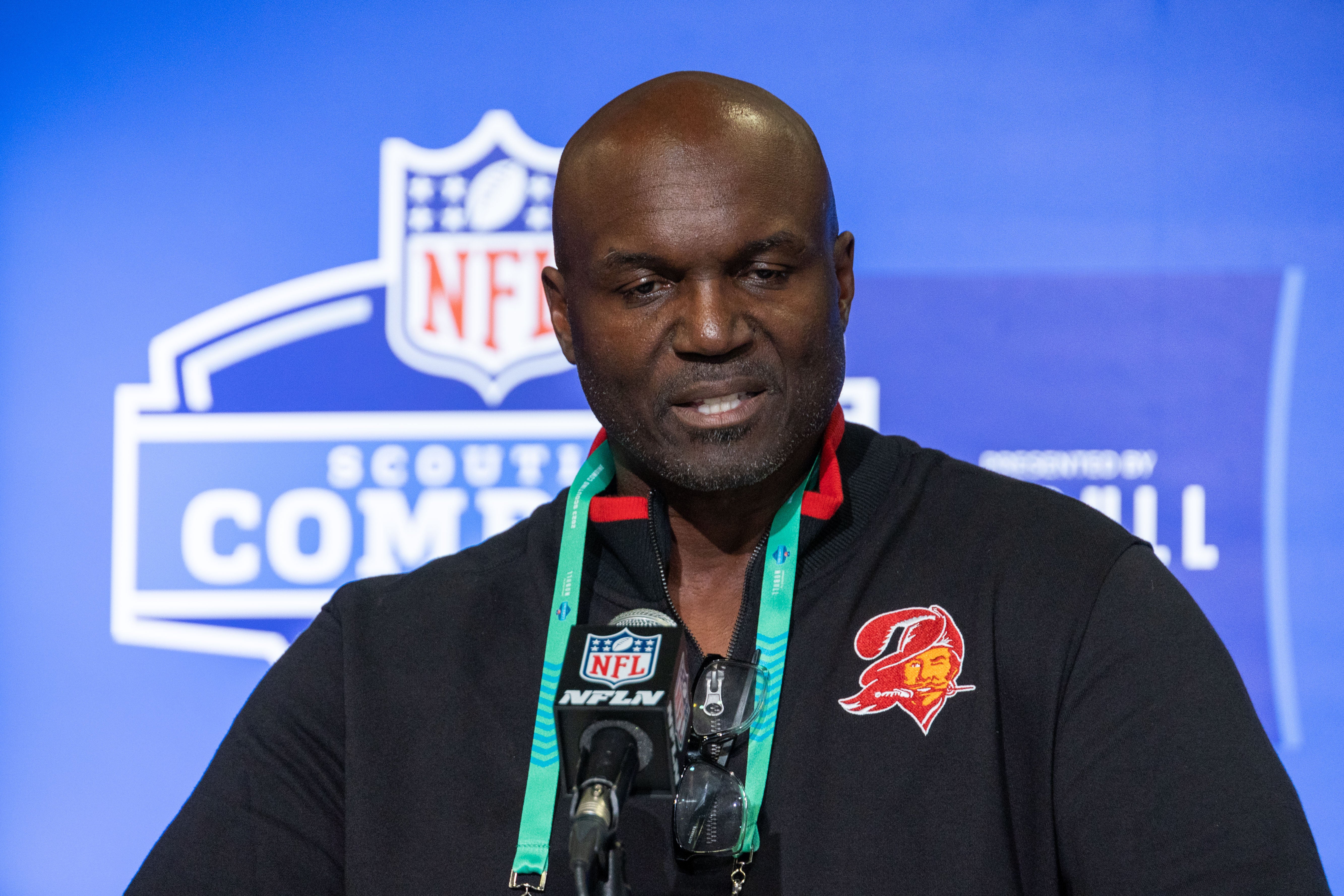 Feb 28, 2023; Indianapolis, IN, USA; Tampa Bay Buccaneers coach Todd Bowles speaks to the press at the NFL Combine at Lucas Oil Stadium. Mandatory Credit: Trevor Ruszkowski-USA TODAY Sports