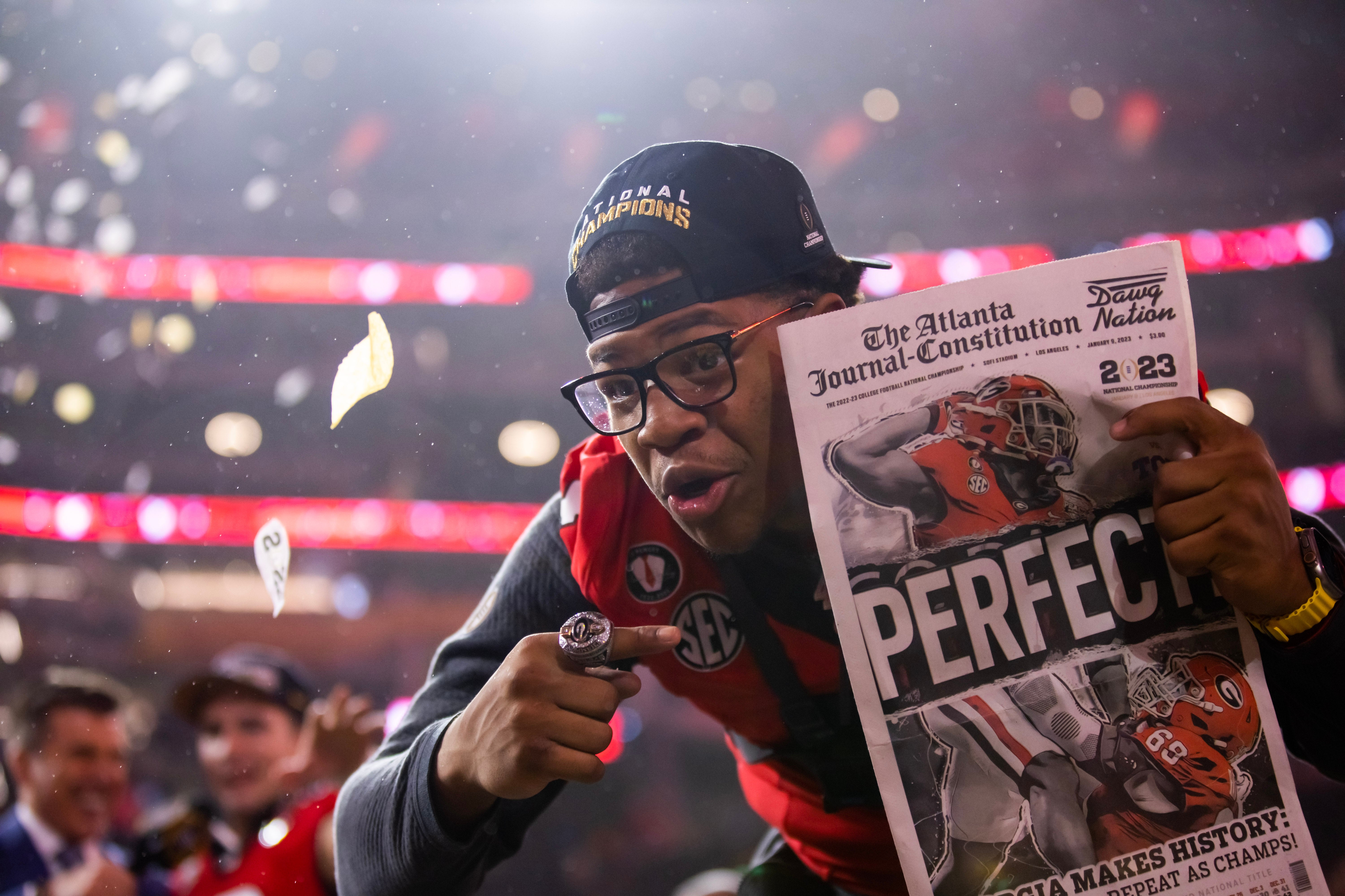 Jan 9, 2023; Inglewood, CA, USA; Georgia Bulldogs linebacker Nolan Smith (4) celebrates after defeating the TCU Horned Frogs during the CFP national championship game at SoFi Stadium.