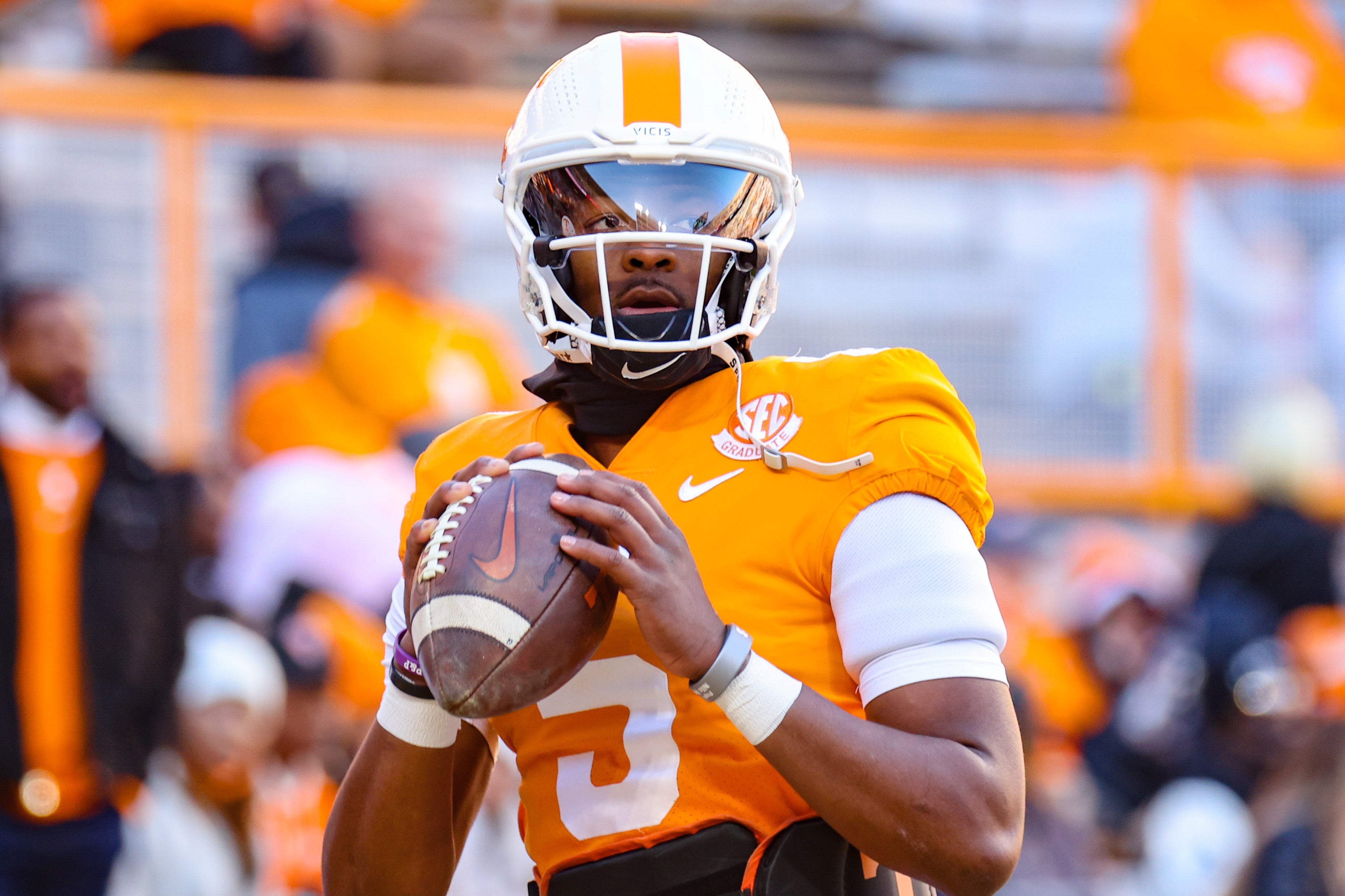 Nov 27, 2021; Knoxville, Tennessee, USA; Tennessee Volunteers quarterback Hendon Hooker (5) warms up before the game against the Vanderbilt Commodores at Neyland Stadium.