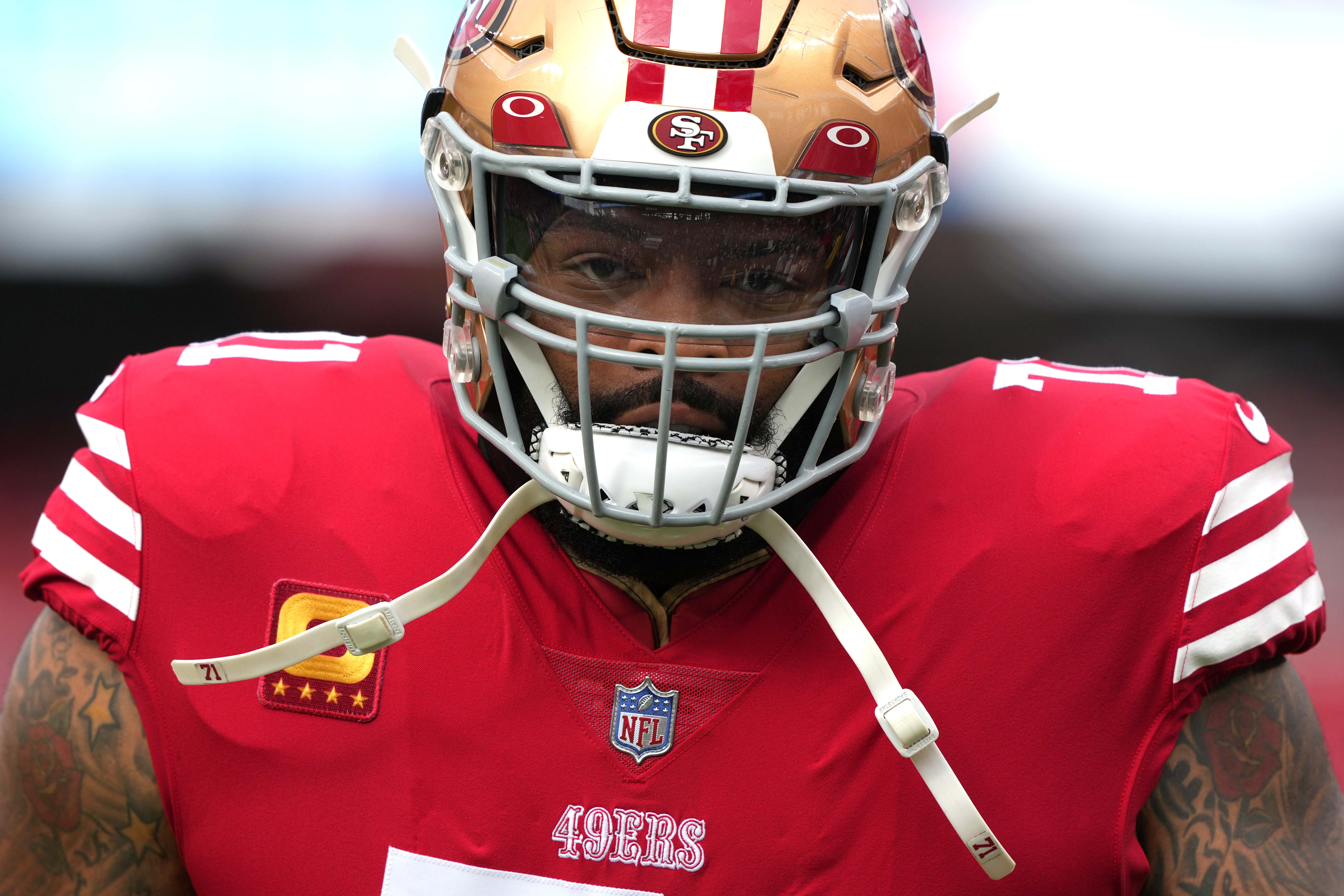 Jan 8, 2023; Santa Clara, California, USA; San Francisco 49ers offensive tackle Trent Williams (71) warms up before the game against the Arizona Cardinals at Levi's Stadium.