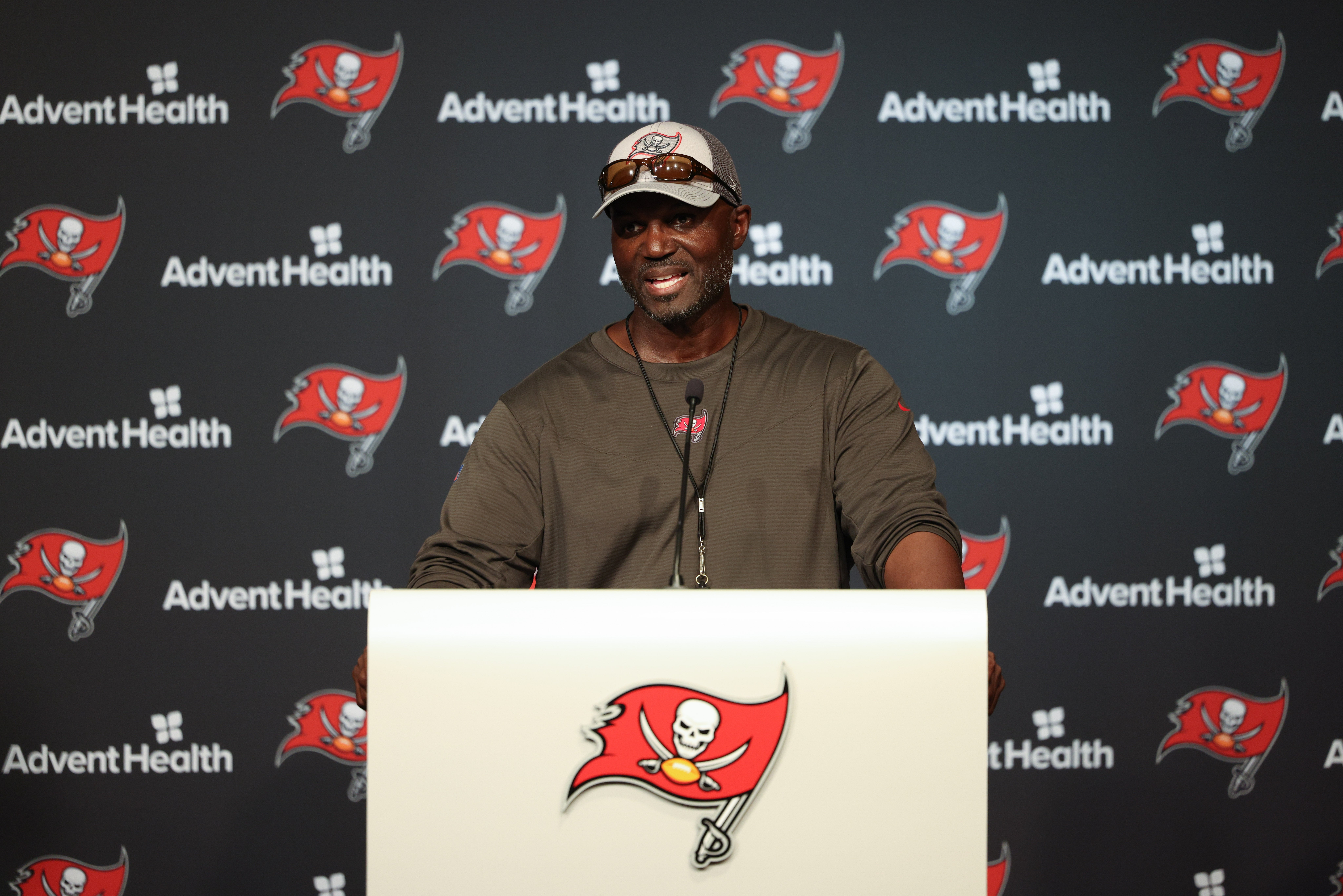 May 25, 2022; Tampa, FL, USA; Tampa Bay Buccaneers head coach Todd Bowles gives a press conference following organized team activities at AdventHealth Training Center Mandatory Credit: Nathan Ray Seebeck-USA TODAY Sports