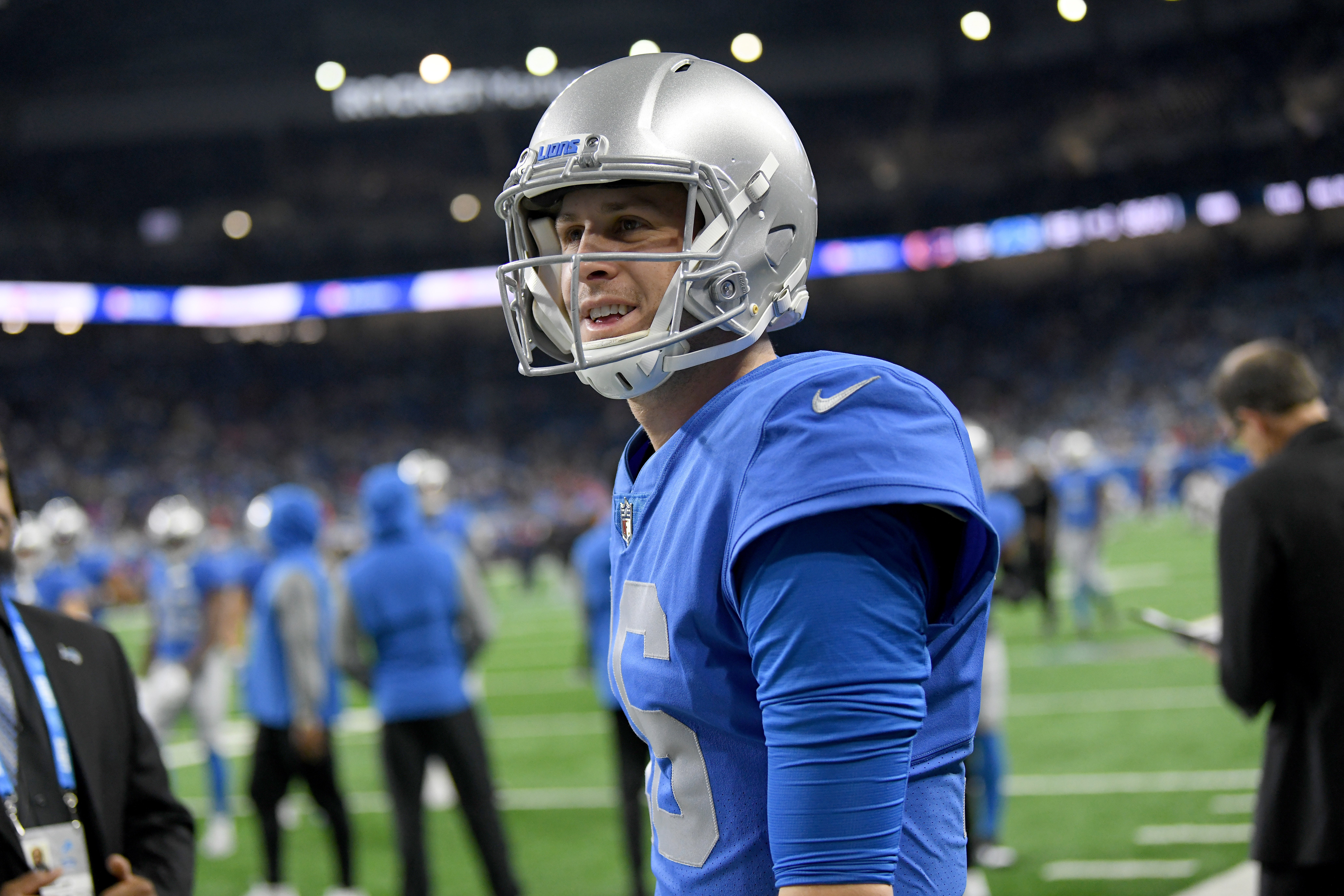 Jan 1, 2023; Detroit, Michigan, USA; Detroit Lions quarterback Jared Goff (16) waits to greet his teammates as they come out of the tunnel before their against the Chicago Bears at Ford Field. Mandatory Credit: Lon Horwedel-USA TODAY Sports