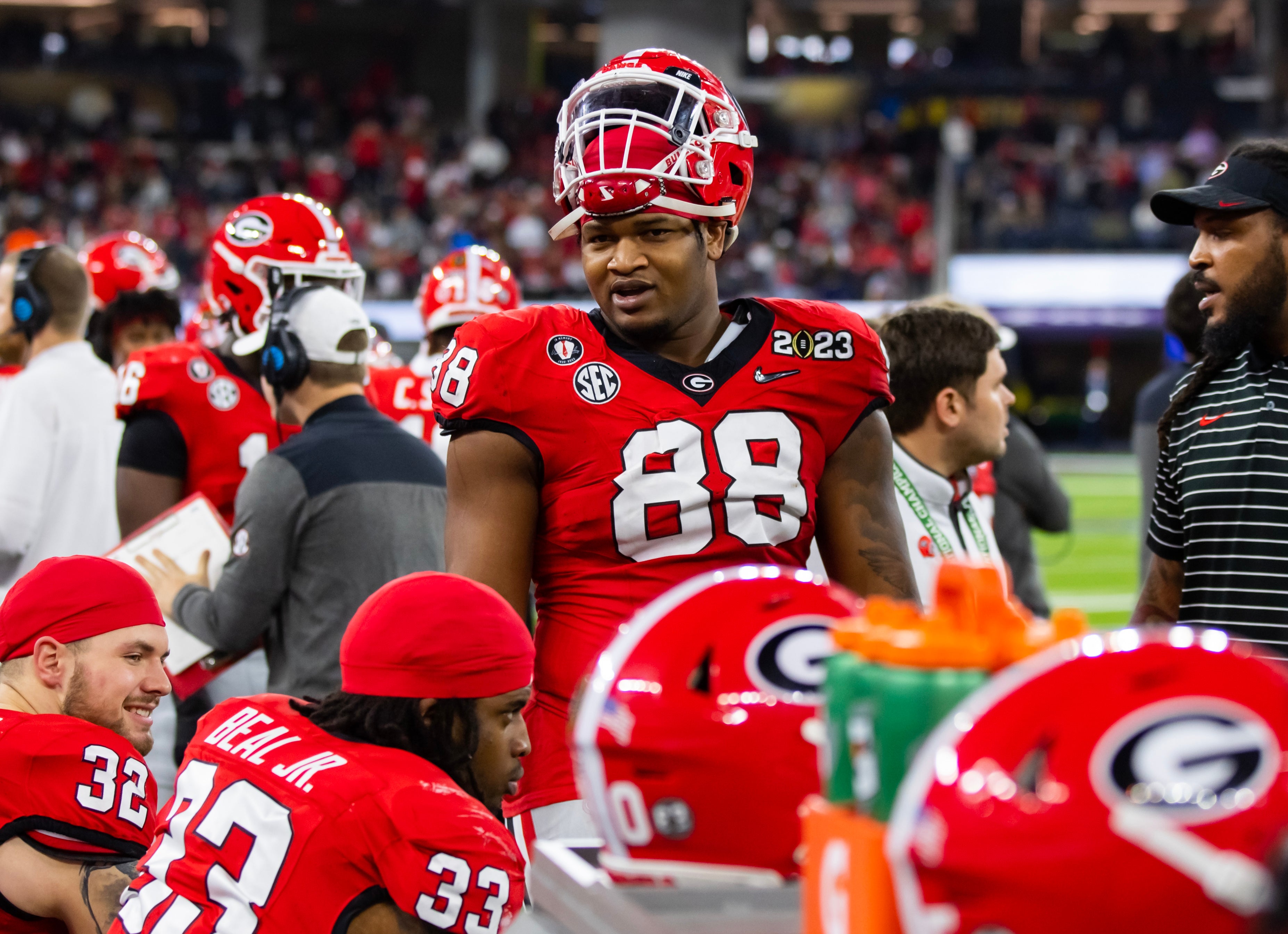 Jan 9, 2023; Inglewood, CA, USA; Georgia Bulldogs defensive lineman Jalen Carter (88) against the TCU Horned Frogs during the CFP national championship game at SoFi Stadium.