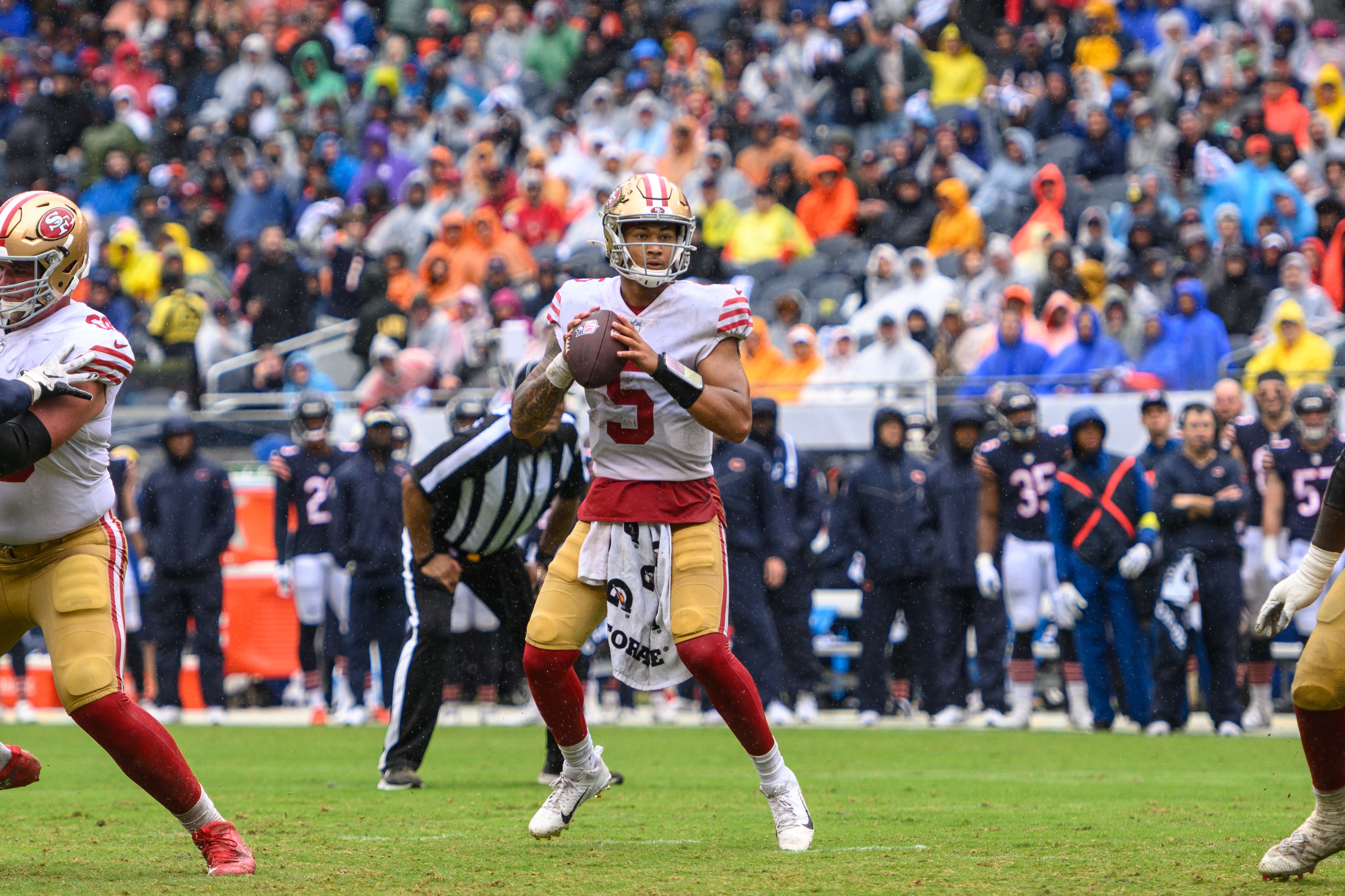 Sep 11, 2022; Chicago, Illinois, USA; San Francisco 49ers quarterback Trey Lance (5) looks to pass in the third quarter against the Chicago Bears at Soldier Field.