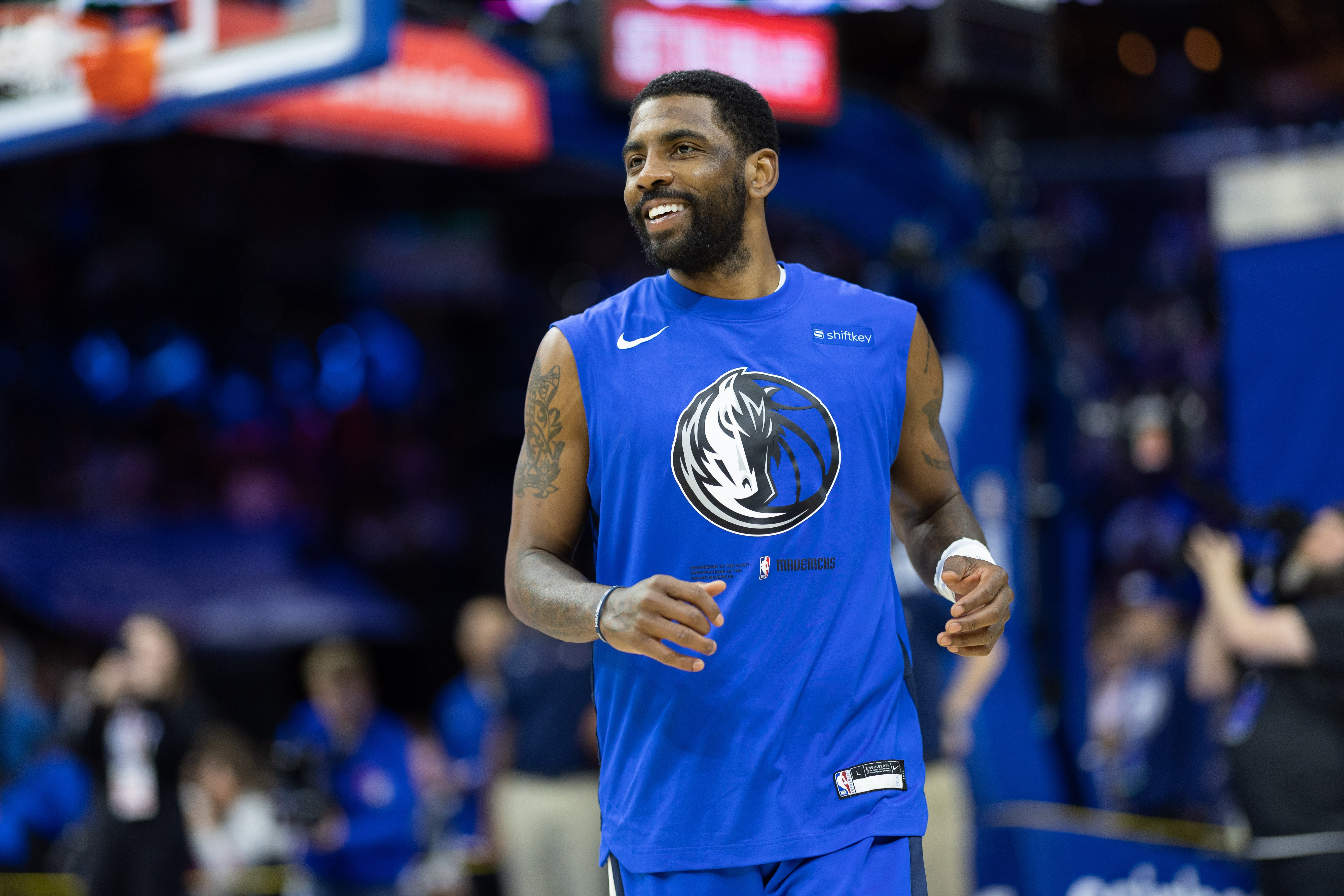 Mar 29, 2023; Philadelphia, Pennsylvania, USA; Dallas Mavericks guard Kyrie Irving before action against the Philadelphia 76ers at Wells Fargo Center.