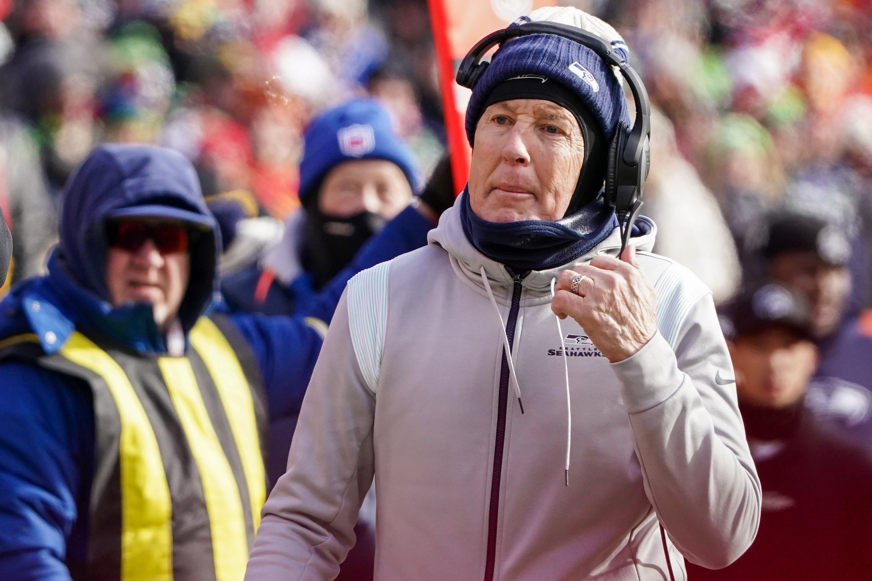 Dec 24, 2022; Kansas City, Missouri, USA; Seattle Seahawks head coach Pete Carroll talks to an official on the sidelines against the Kansas City Chiefs during the first half at GEHA Field at Arrowhead Stadium.
