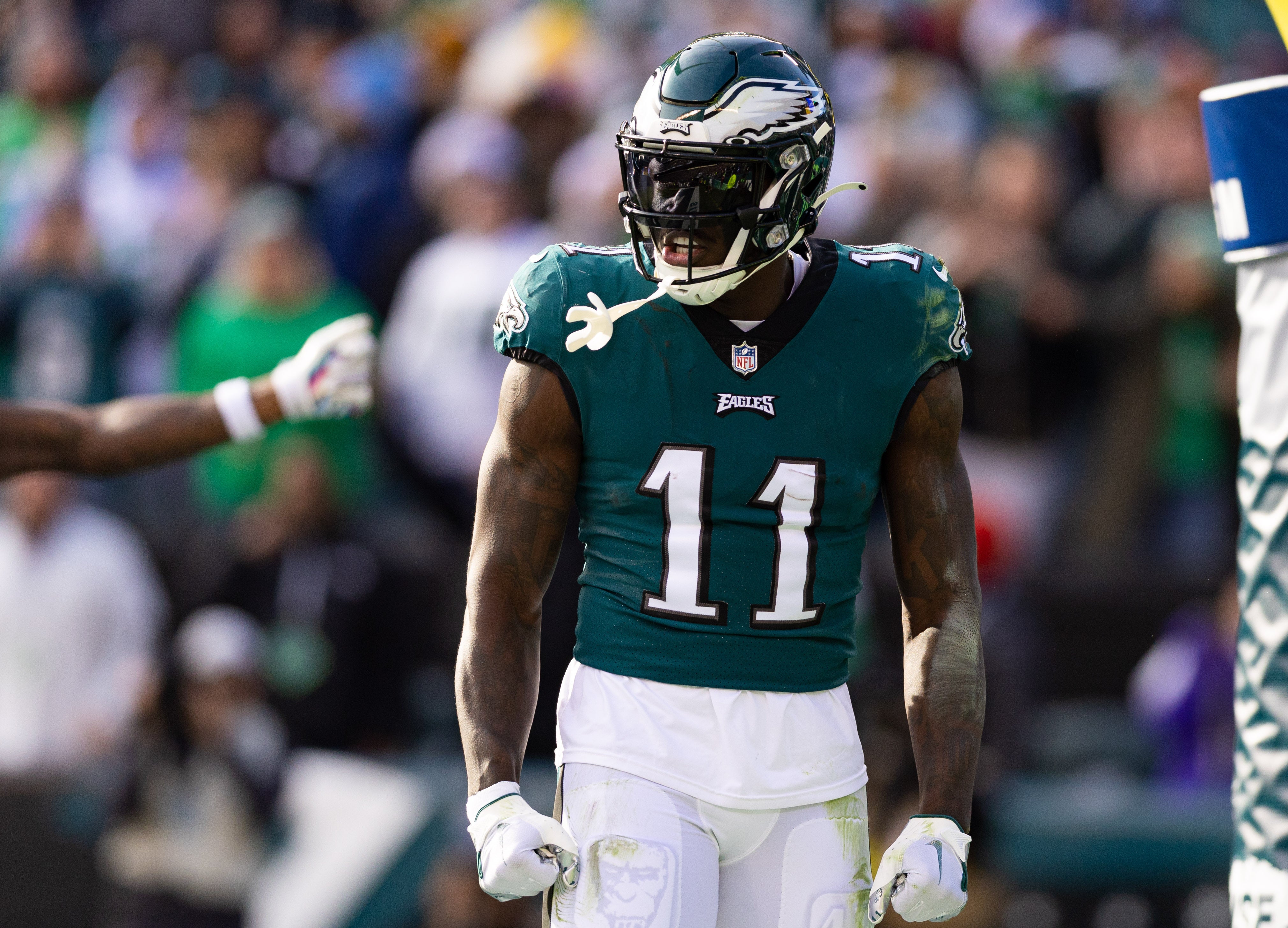 Dec 4, 2022; Philadelphia, Pennsylvania, USA; Philadelphia Eagles wide receiver A.J. Brown (11) reacts after his touchdown catch against the Tennessee Titans during the second quarter at Lincoln Financial Field.