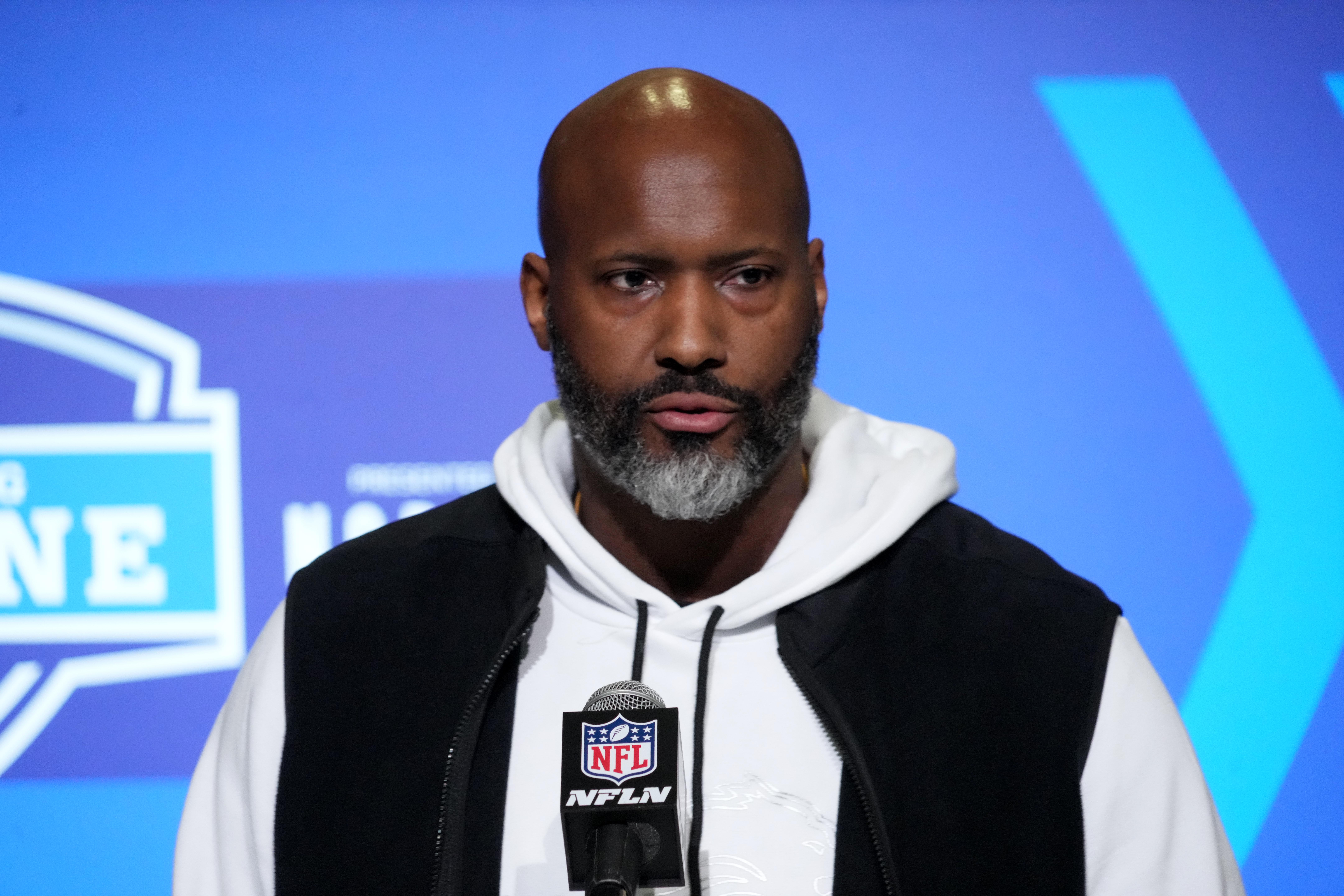 Mar 1, 2023; Indianapolis, IN, USA; Detroit Lions general manager Brad Holmes during the NFL Scouting Combine at the Indiana Convention Center. Mandatory Credit: Kirby Lee-USA TODAY Sports