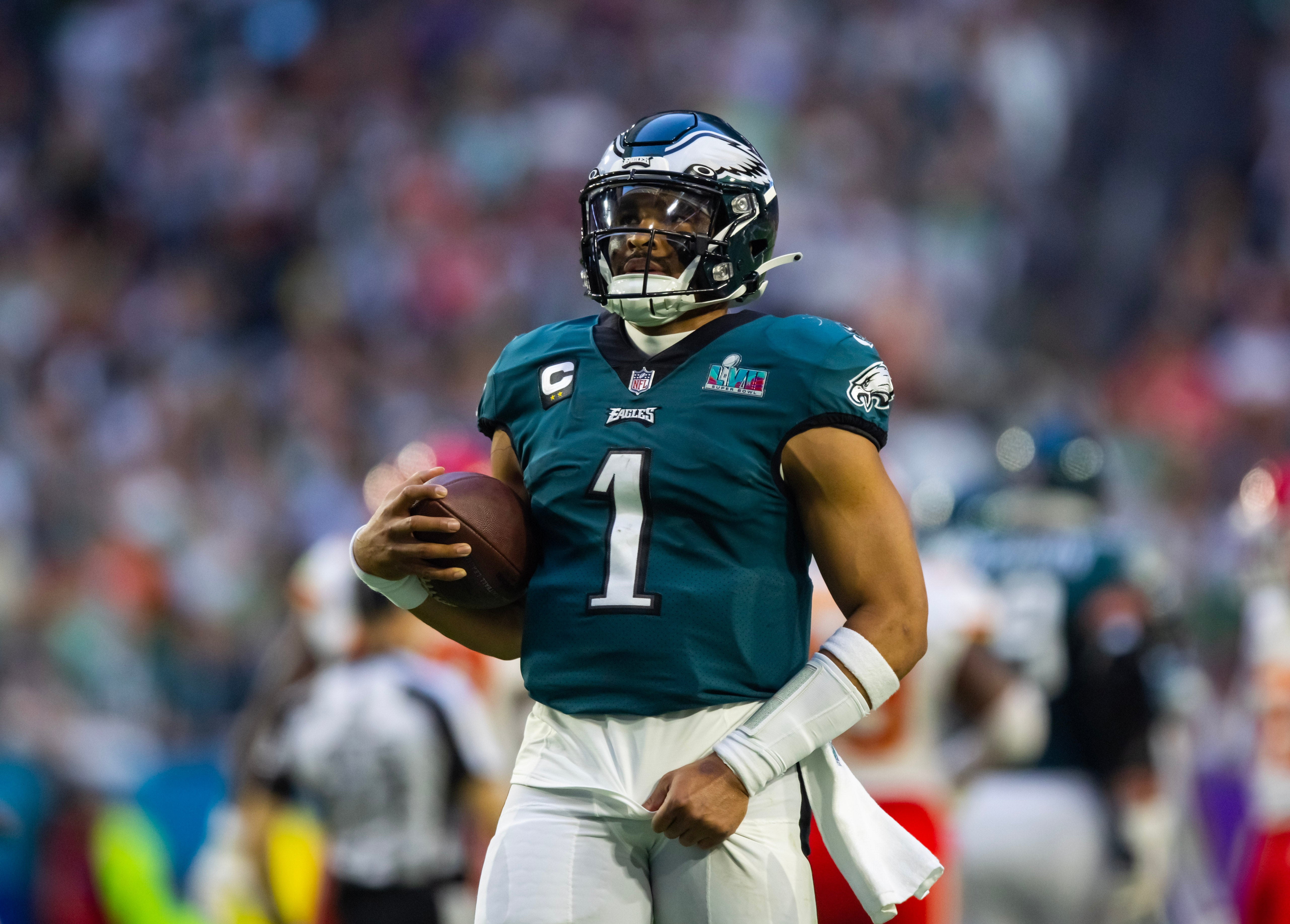 Feb 12, 2023; Glendale, Arizona, US; Philadelphia Eagles quarterback Jalen Hurts (1) against the Kansas City Chiefs during Super Bowl LVII at State Farm Stadium.