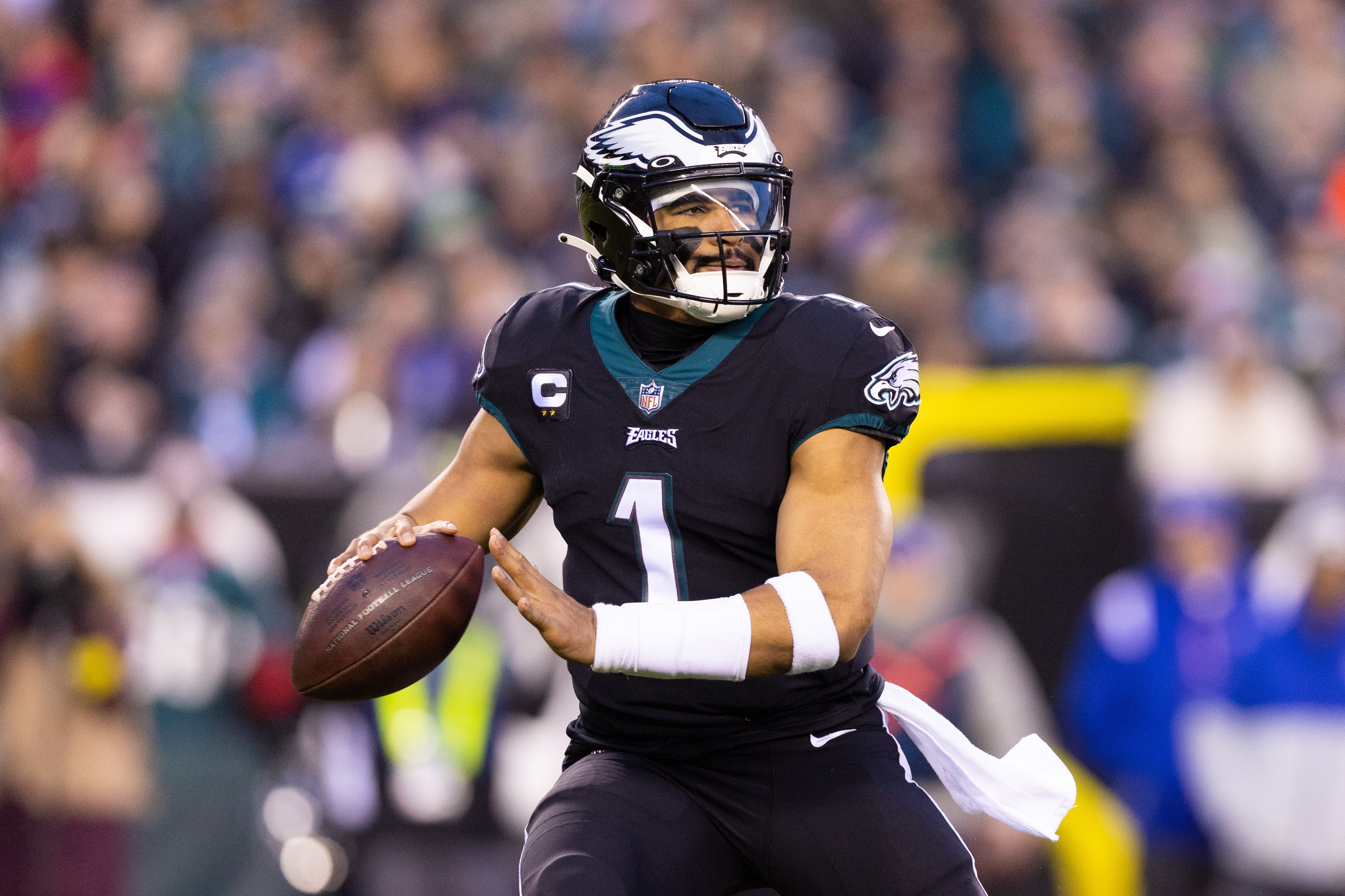 Jan 8, 2023; Philadelphia, Pennsylvania, USA; Philadelphia Eagles quarterback Jalen Hurts (1) passes the ball against the New York Giants during the first quarter at Lincoln Financial Field.