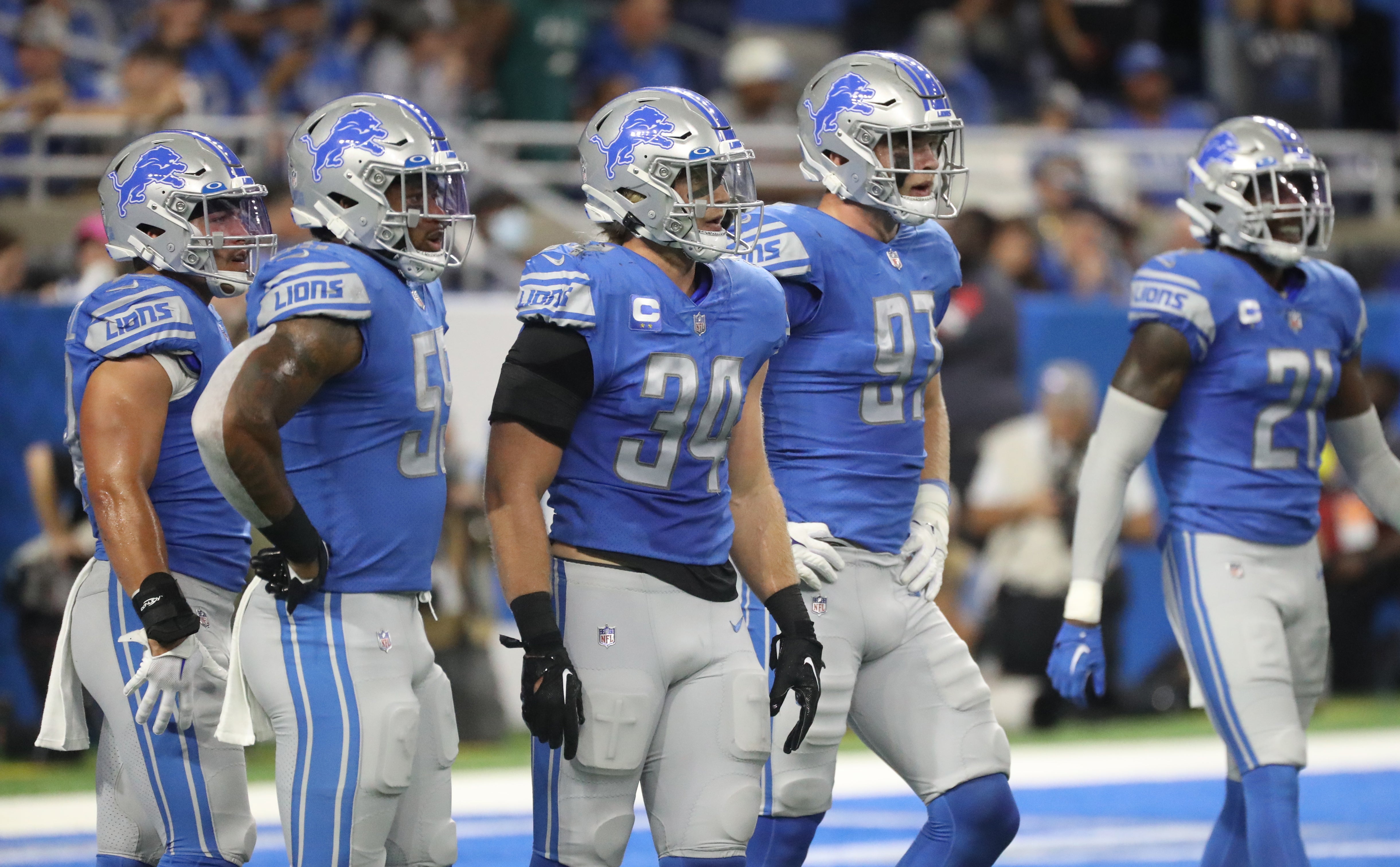 Sep 11, 2022; Detroit, Michigan, USA; Detroit Lions defense lines up against the Philadelphia Eagles during first half action at Ford Field. Mandatory Credit: Kirthmon F. Dozier-USA TODAY Sports