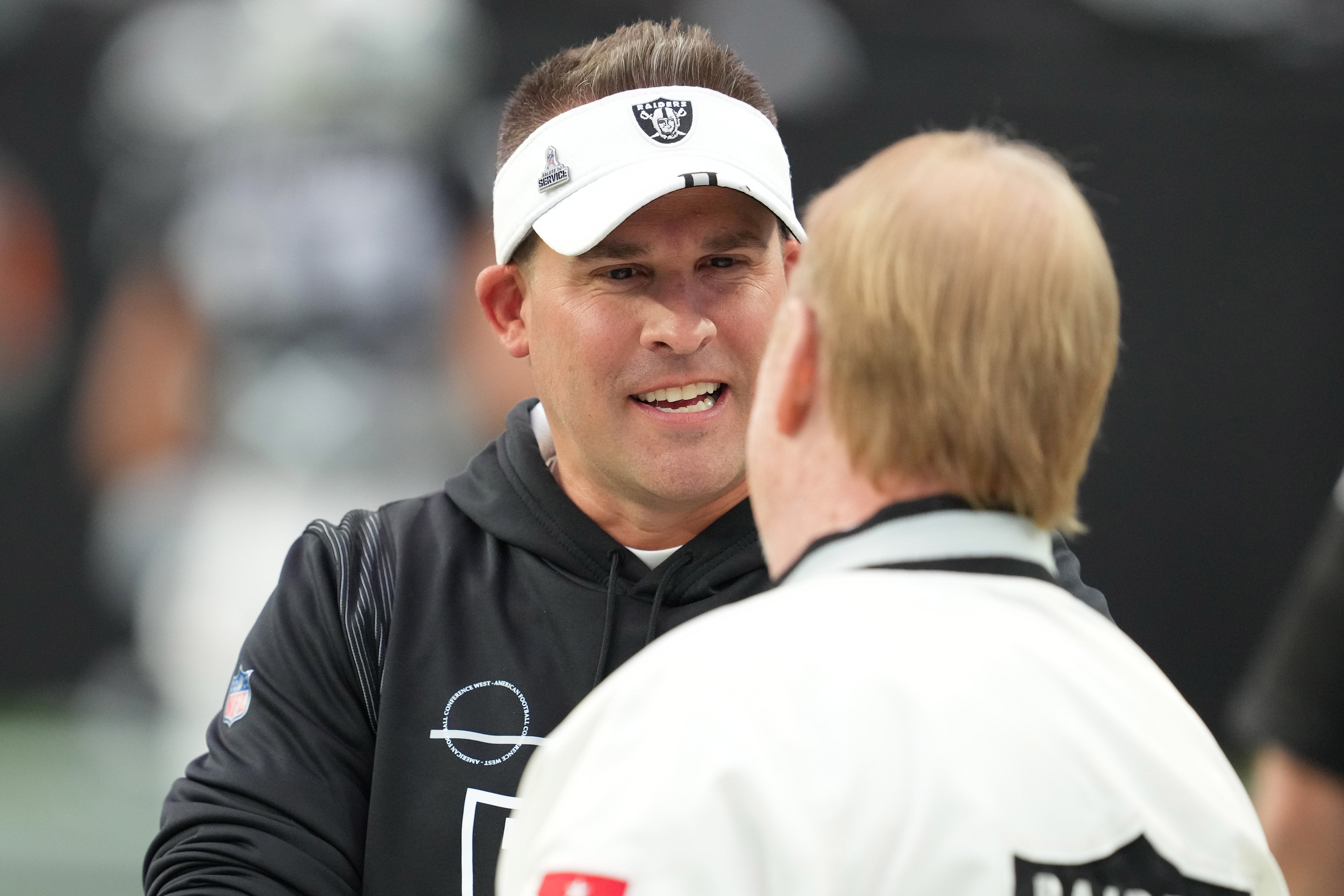 Nov 13, 2022; Paradise, Nevada, USA; Las Vegas Raiders head coach Josh McDaniels greets Las Vegas Raiders owner Mark Davis before the start of a game against the Indianapolis Colts at Allegiant Stadium.