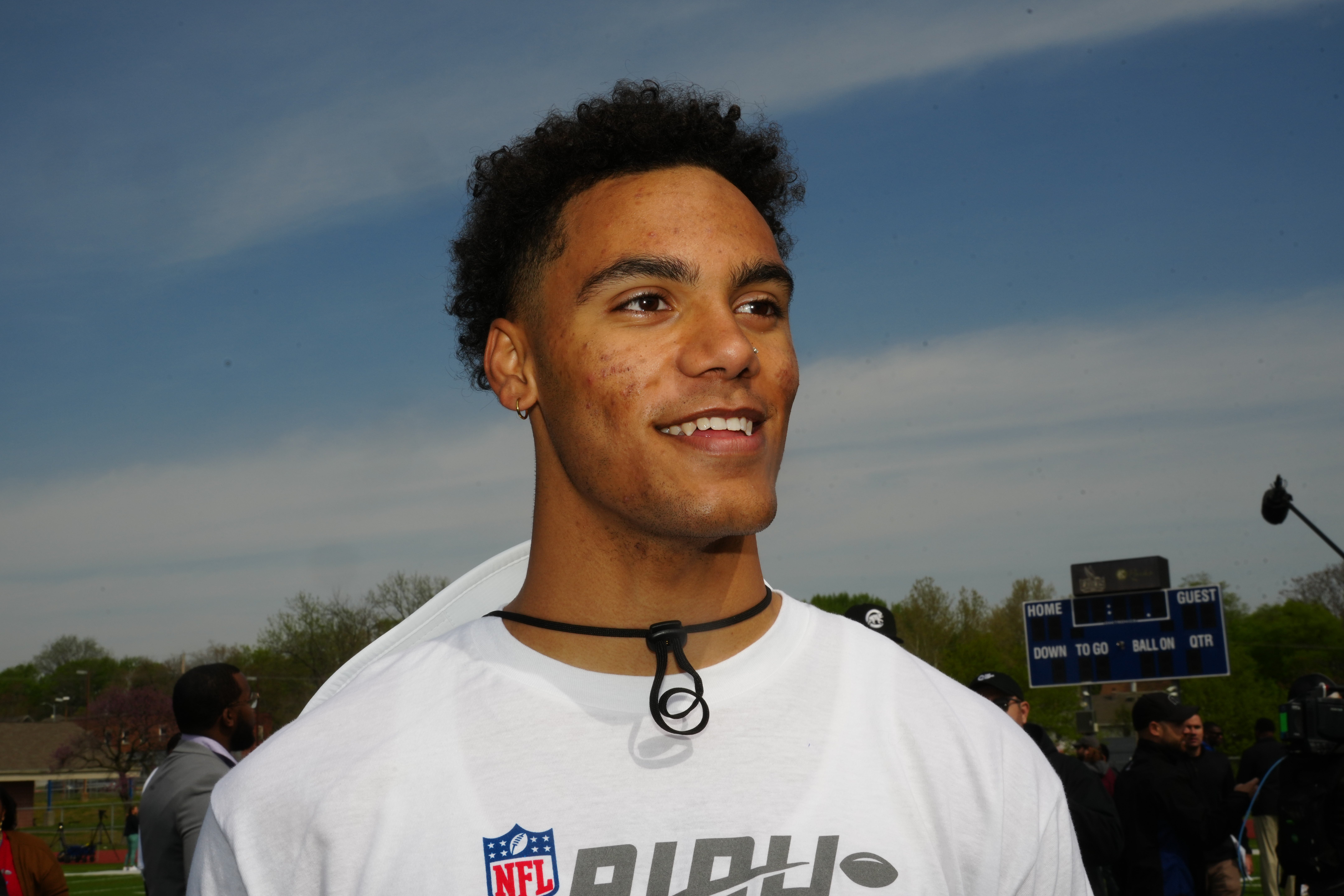 Apr 26, 2023; Kansas City, MO, USA; Oregon Ducks cornerback Christian Gonzalez during NFL Draft Play Football Clinic at Central High School.