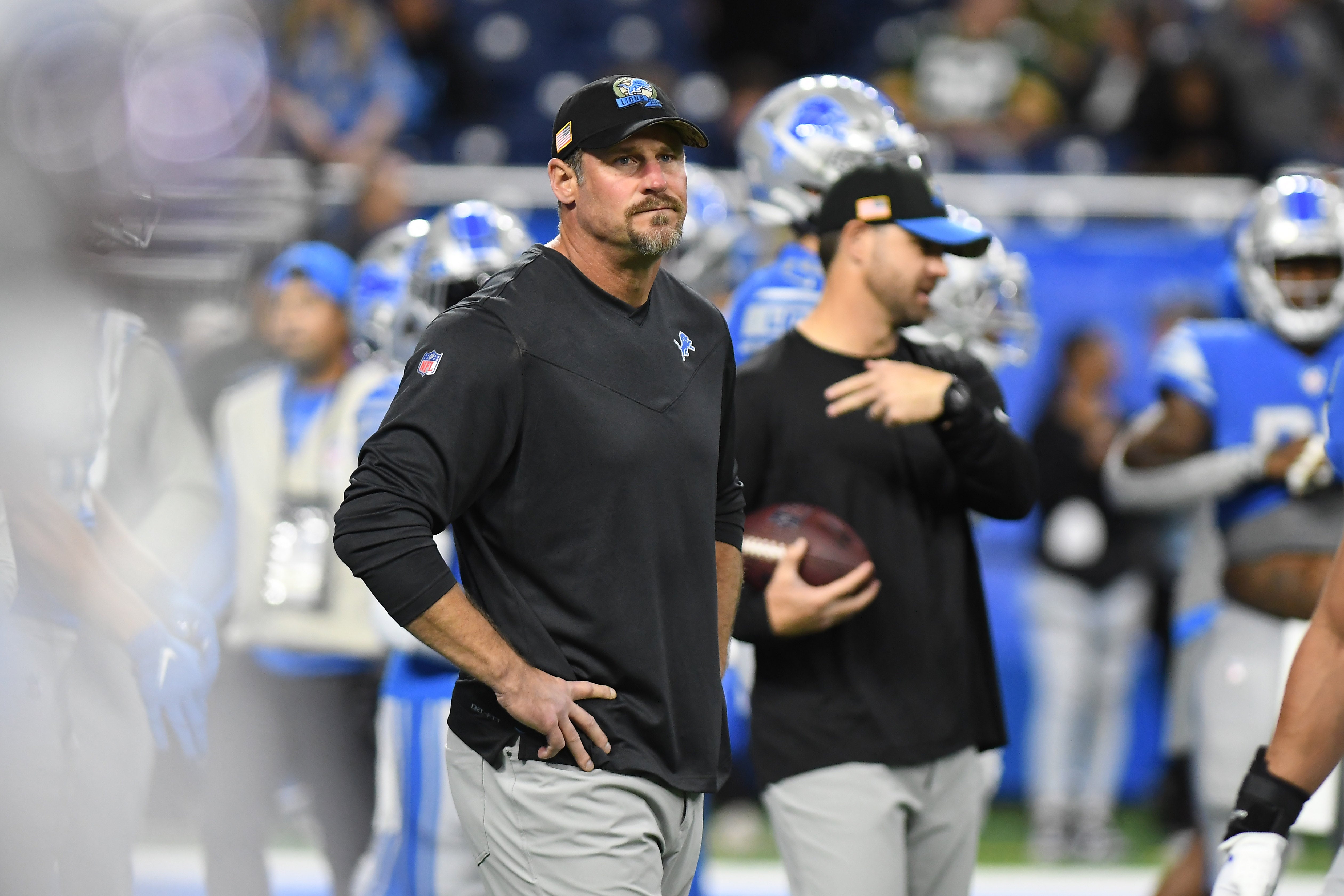 Nov 6, 2022; Detroit, Michigan, USA; Detroit Lions head coach Dan Campbell watches over his team during pre-game warmups before their game against the Green Bay Packers at Ford Field. Mandatory Credit: Lon Horwedel-USA TODAY Sports