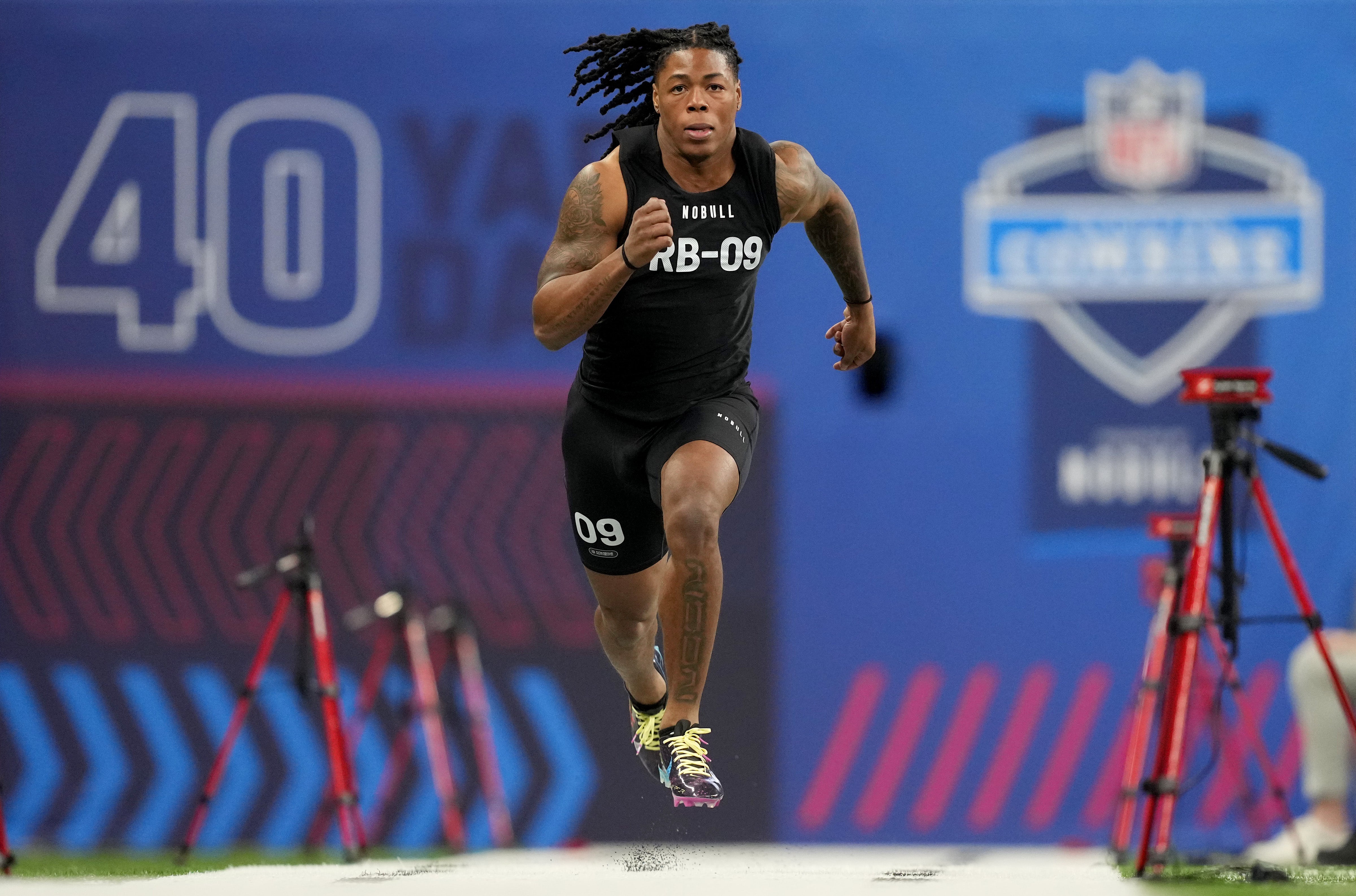 Mar 5, 2023; Indianapolis, IN, USA; Alabama running back Jahmyr Gibbs (RB09) during the NFL Scouting Combine at Lucas Oil Stadium. Mandatory Credit: Kirby Lee-USA TODAY Sports
