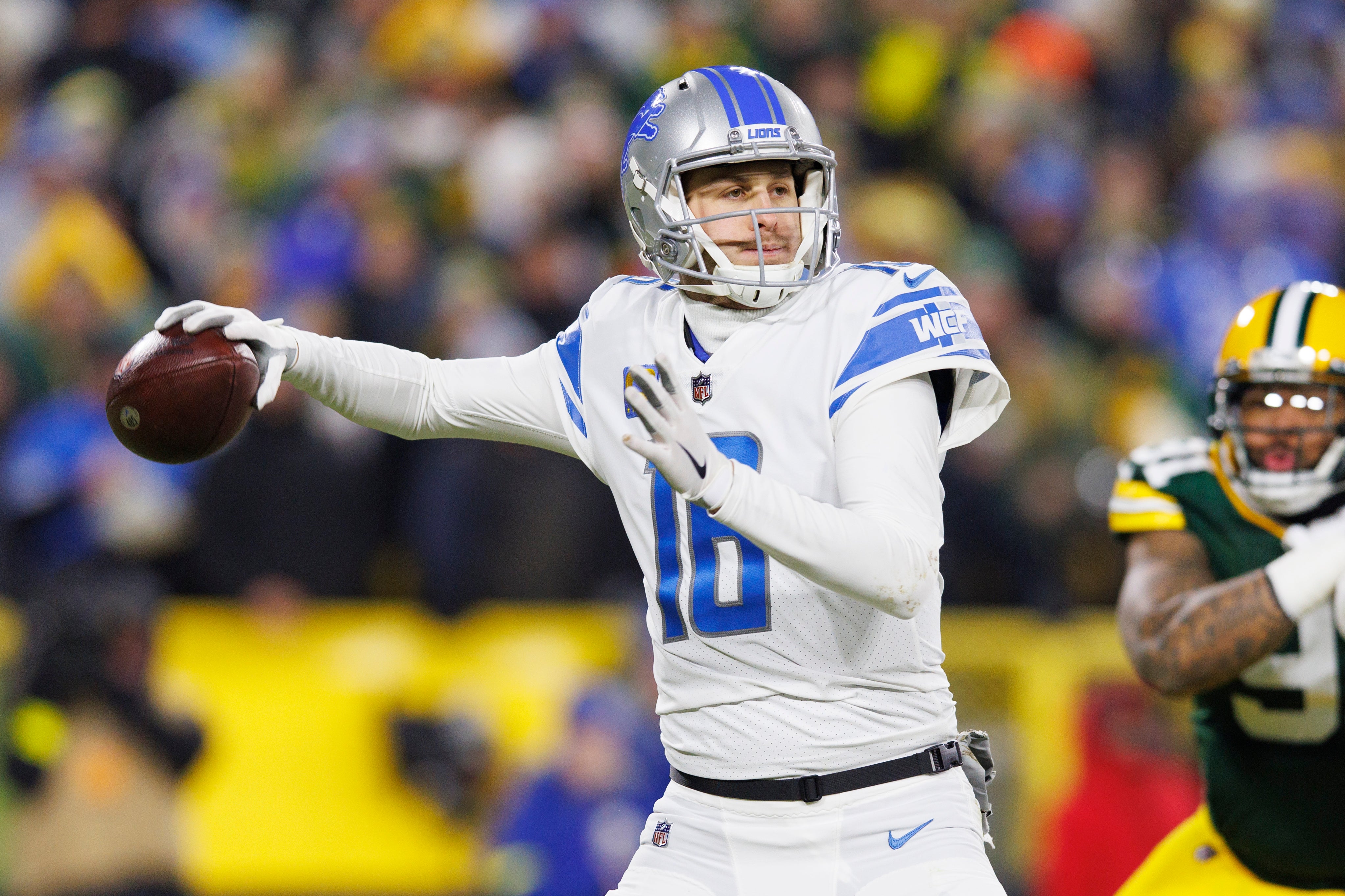 Jan 8, 2023; Green Bay, Wisconsin, USA; Detroit Lions quarterback Jared Goff (16) during the game against the Green Bay Packers at Lambeau Field. Mandatory Credit: Jeff Hanisch-USA TODAY Sports