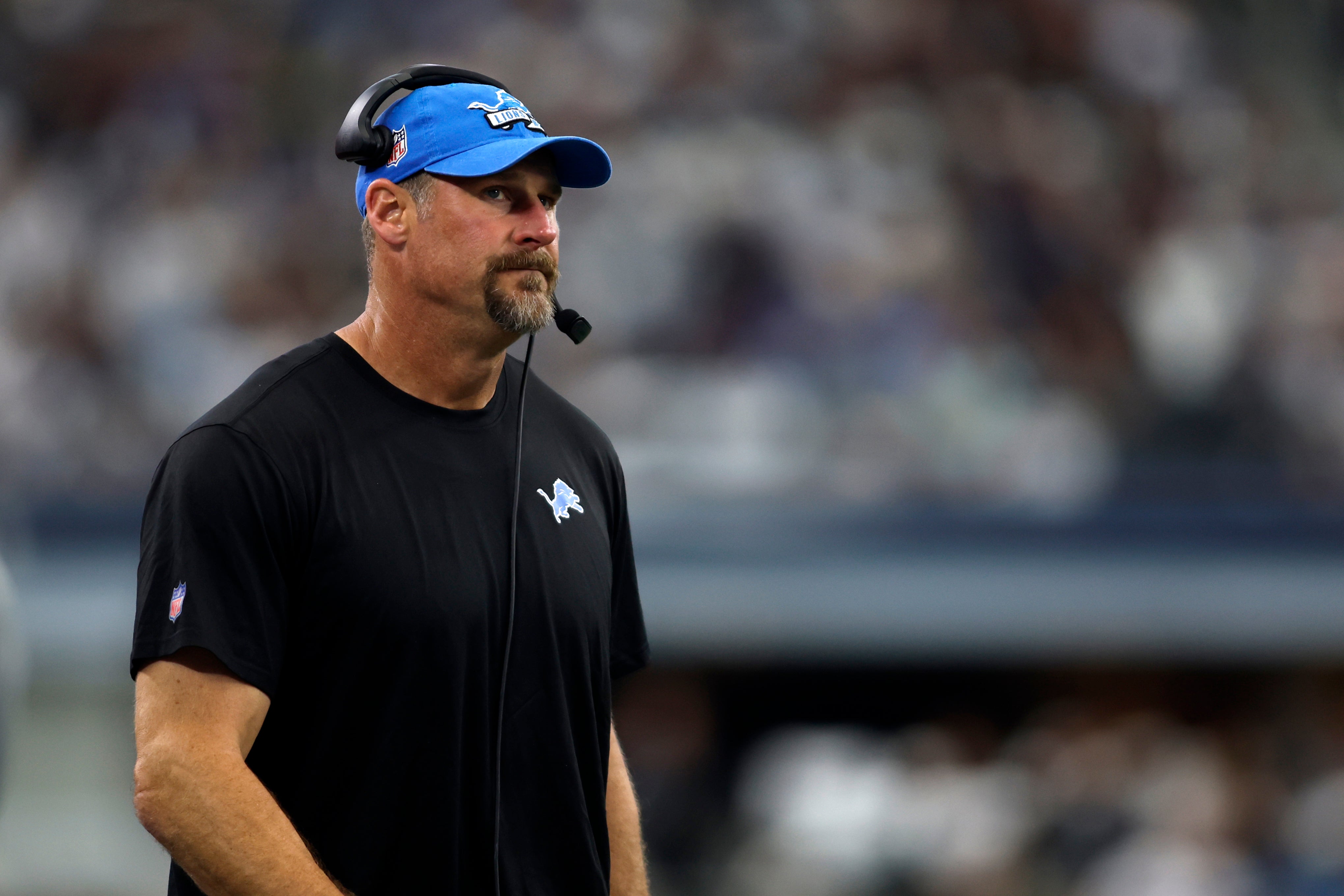 Oct 23, 2022; Arlington, Texas, USA; Detroit Lions head coach Dan Campbell on the sidelines during the game against the Dallas Cowboysat AT&T Stadium. Mandatory Credit: Tim Heitman-USA TODAY Sports