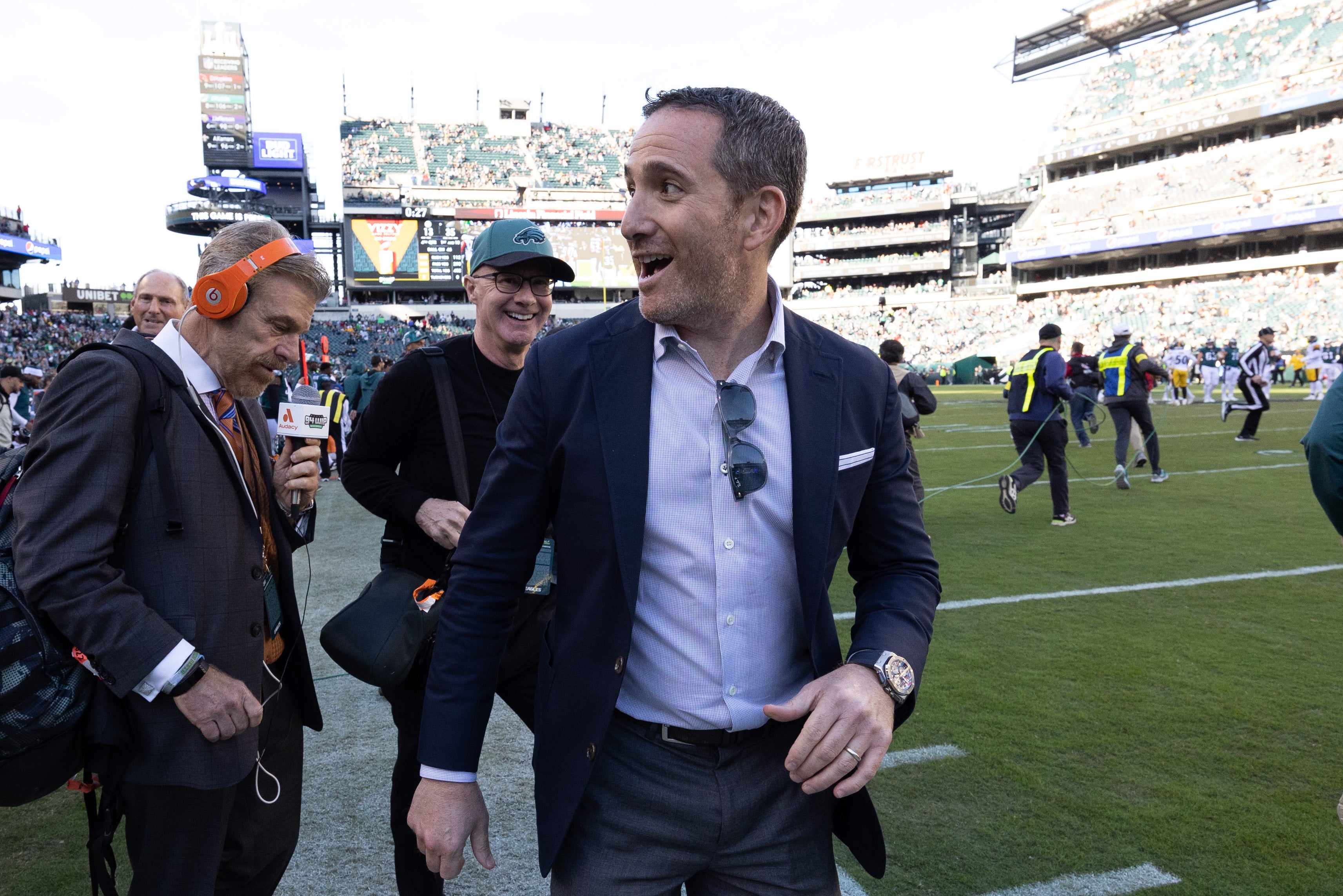 Oct 30, 2022; Philadelphia, Pennsylvania, USA; Philadelphia Eagles general manager Howie Roseman reacts as he runs off the field after a victory against the Pittsburgh Steelers at Lincoln Financial Field. Mandatory Credit: Bill Streicher-USA TODAY Sports