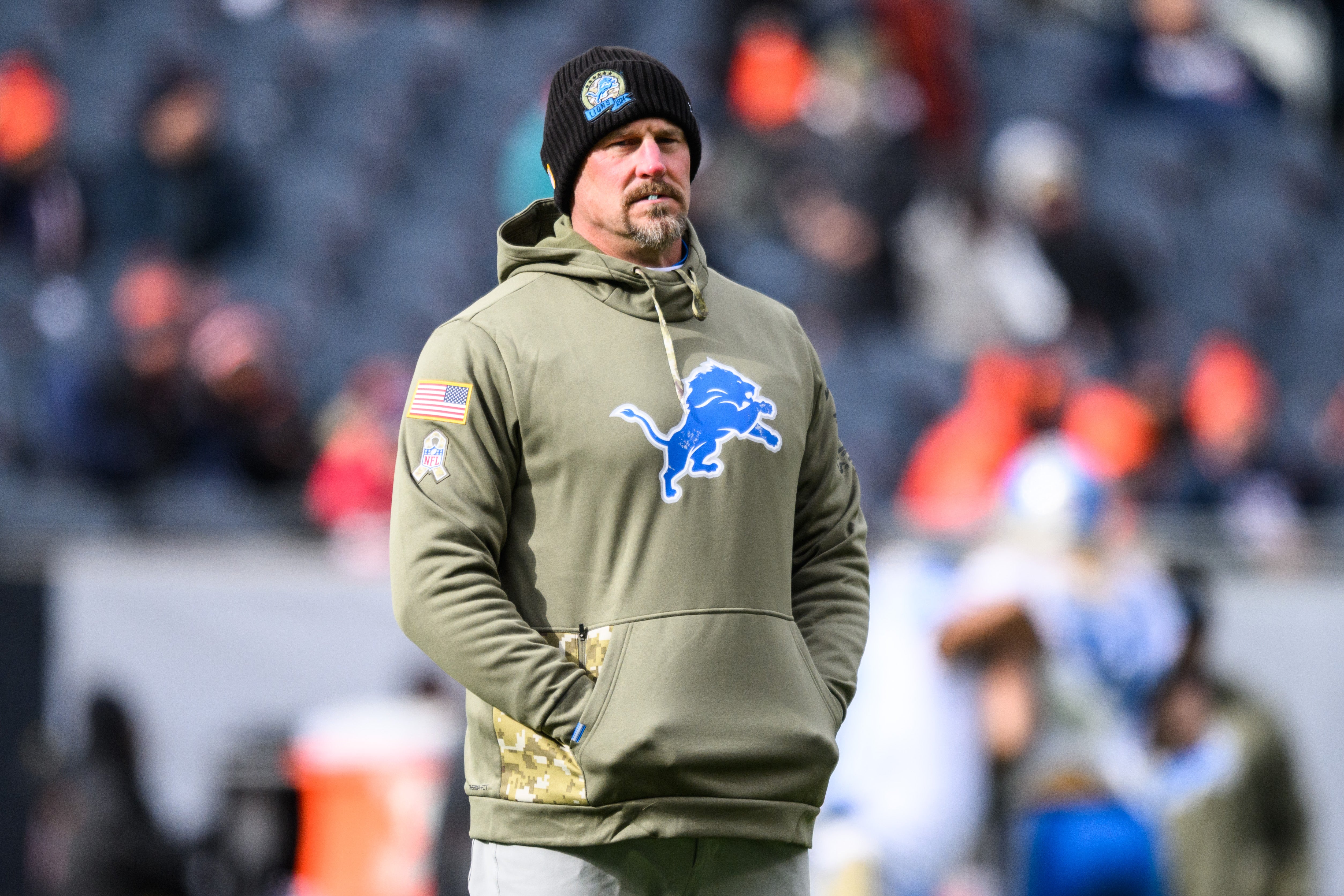Nov 13, 2022; Chicago, Illinois, USA; Detroit Lions head coach Dan Campbell looks on before the game against the Chicago Bears at Soldier Field. Mandatory Credit: Daniel Bartel-USA TODAY Sports