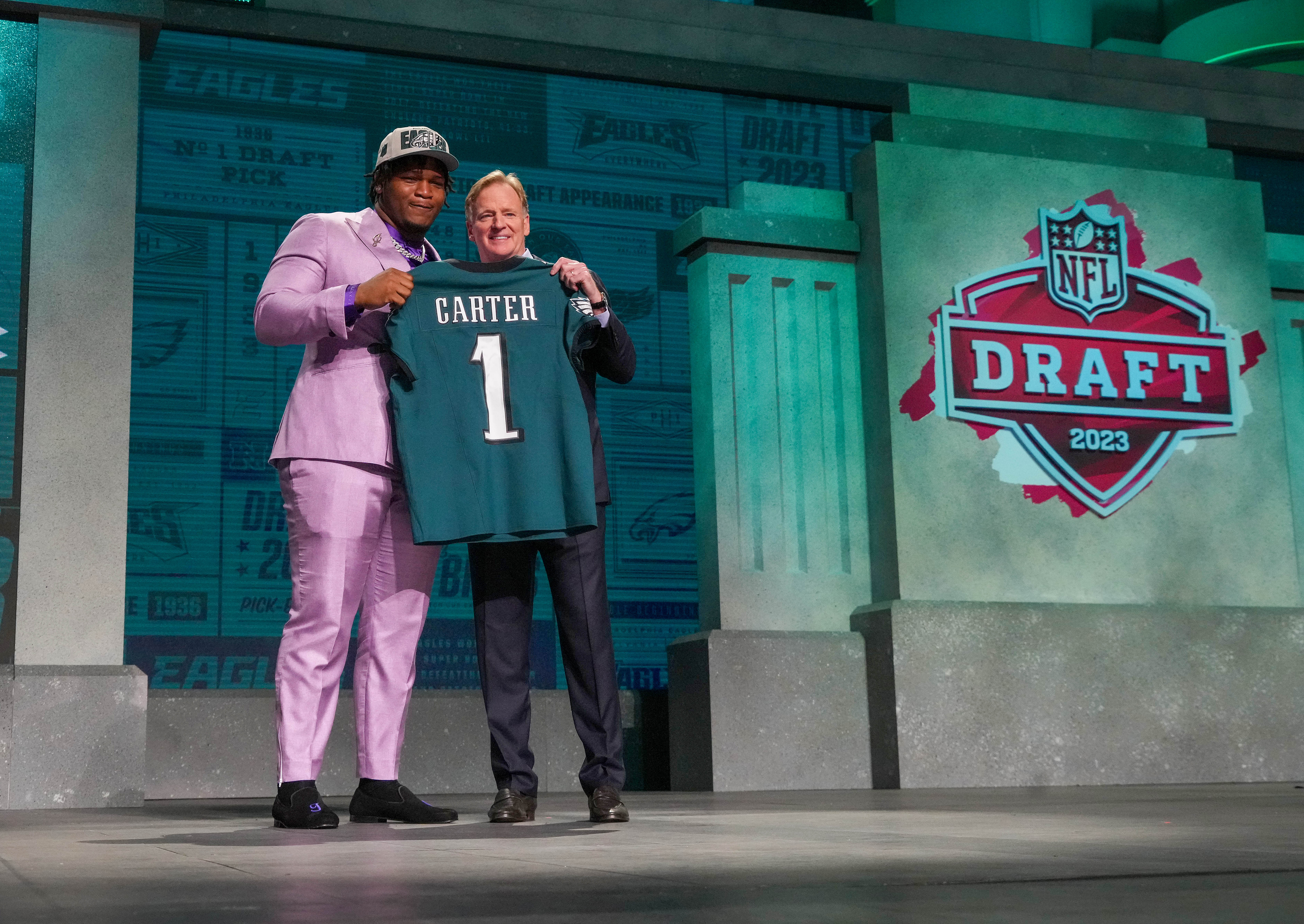 Apr 27, 2023; Kansas City, MO, USA; Georgia defensive lineman Jalen Carter with NFL commissioner Roger Goodell after being selected by the Philadelphia Eagles ninth overall in the first round of the 2023 NFL Draft at Union Station. Mandatory Credit: Kirby Lee-USA TODAY Sports