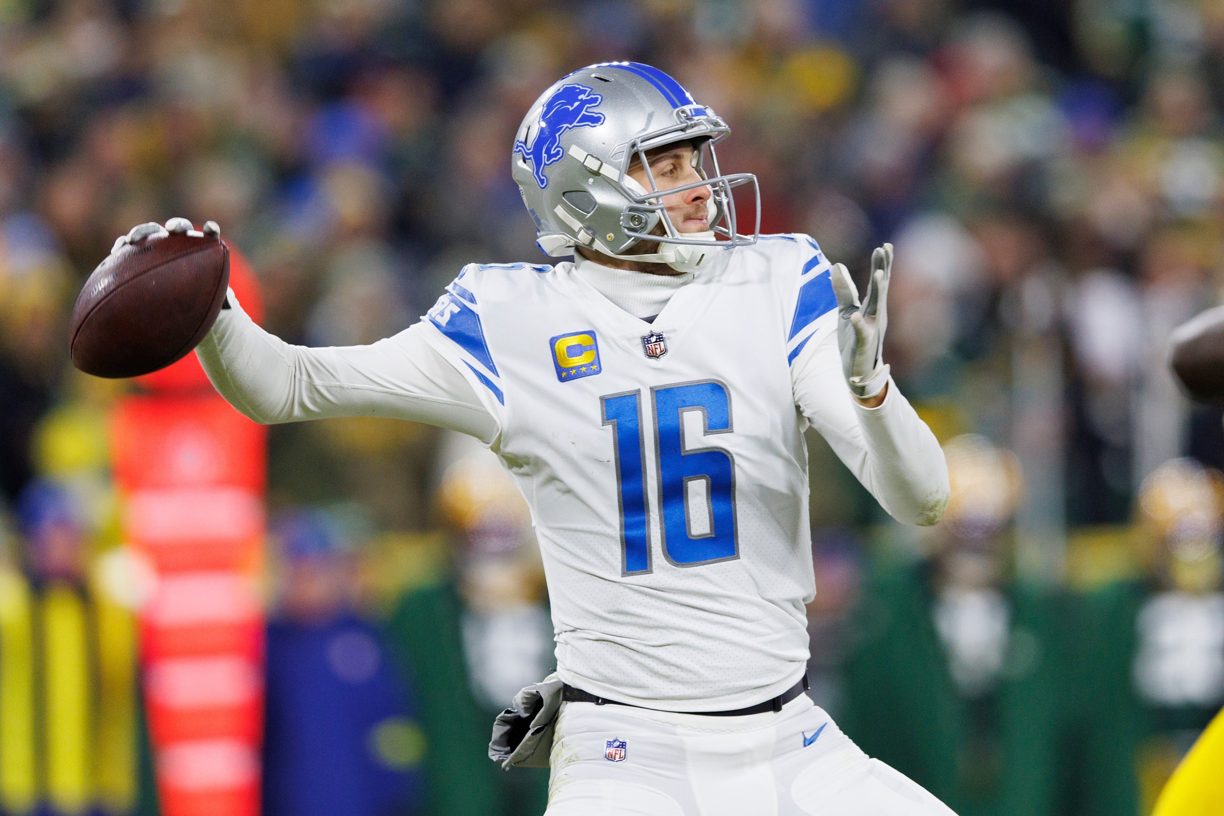 Jan 8, 2023; Green Bay, Wisconsin, USA; Detroit Lions quarterback Jared Goff (16) during the game against the Green Bay Packers at Lambeau Field. Mandatory Credit: Jeff Hanisch-USA TODAY Sports
