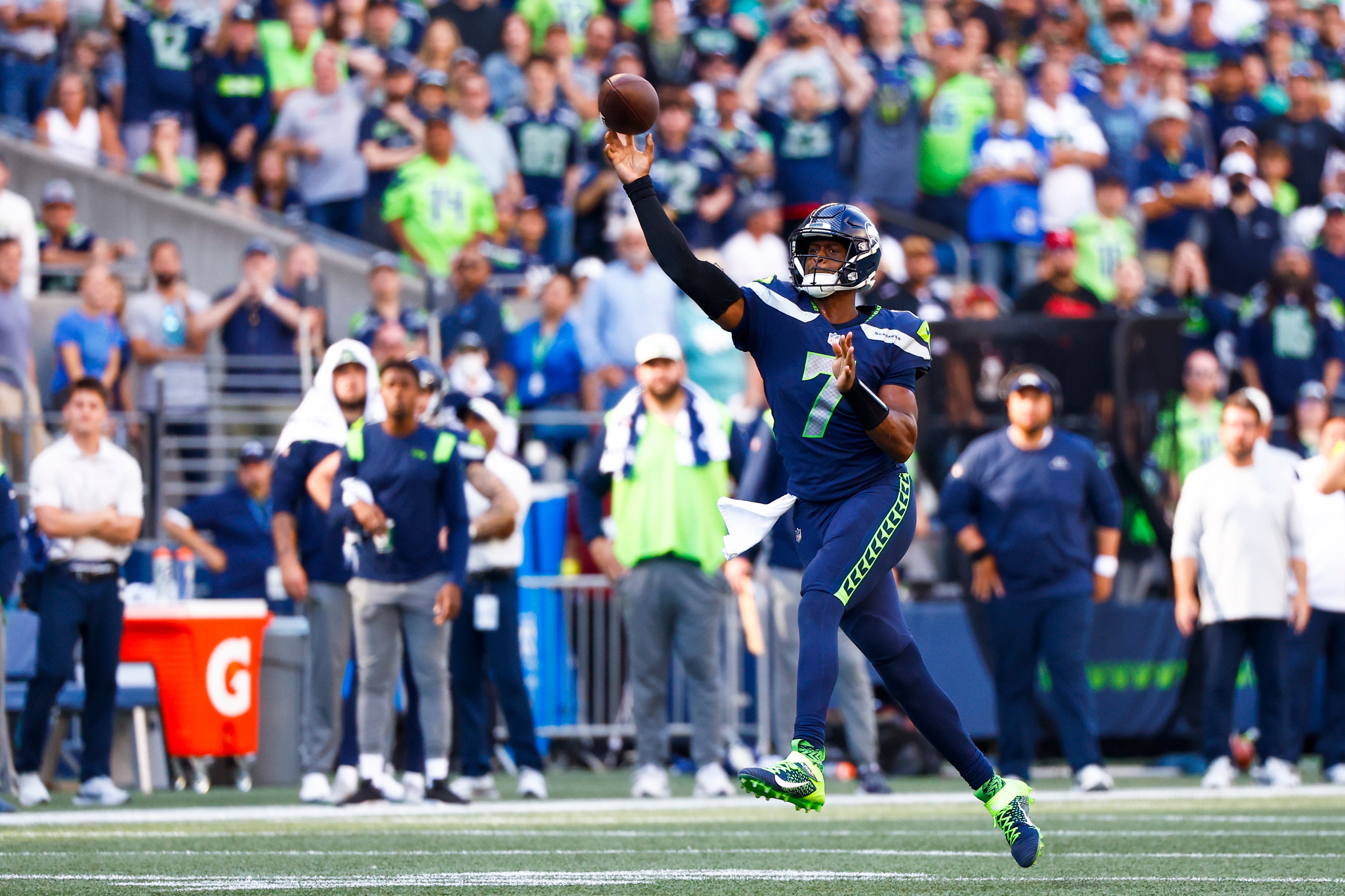 Sep 25, 2022; Seattle, Washington, USA; Seattle Seahawks quarterback Geno Smith (7) throws an interception against the Atlanta Falcons during the fourth quarter at Lumen Field.