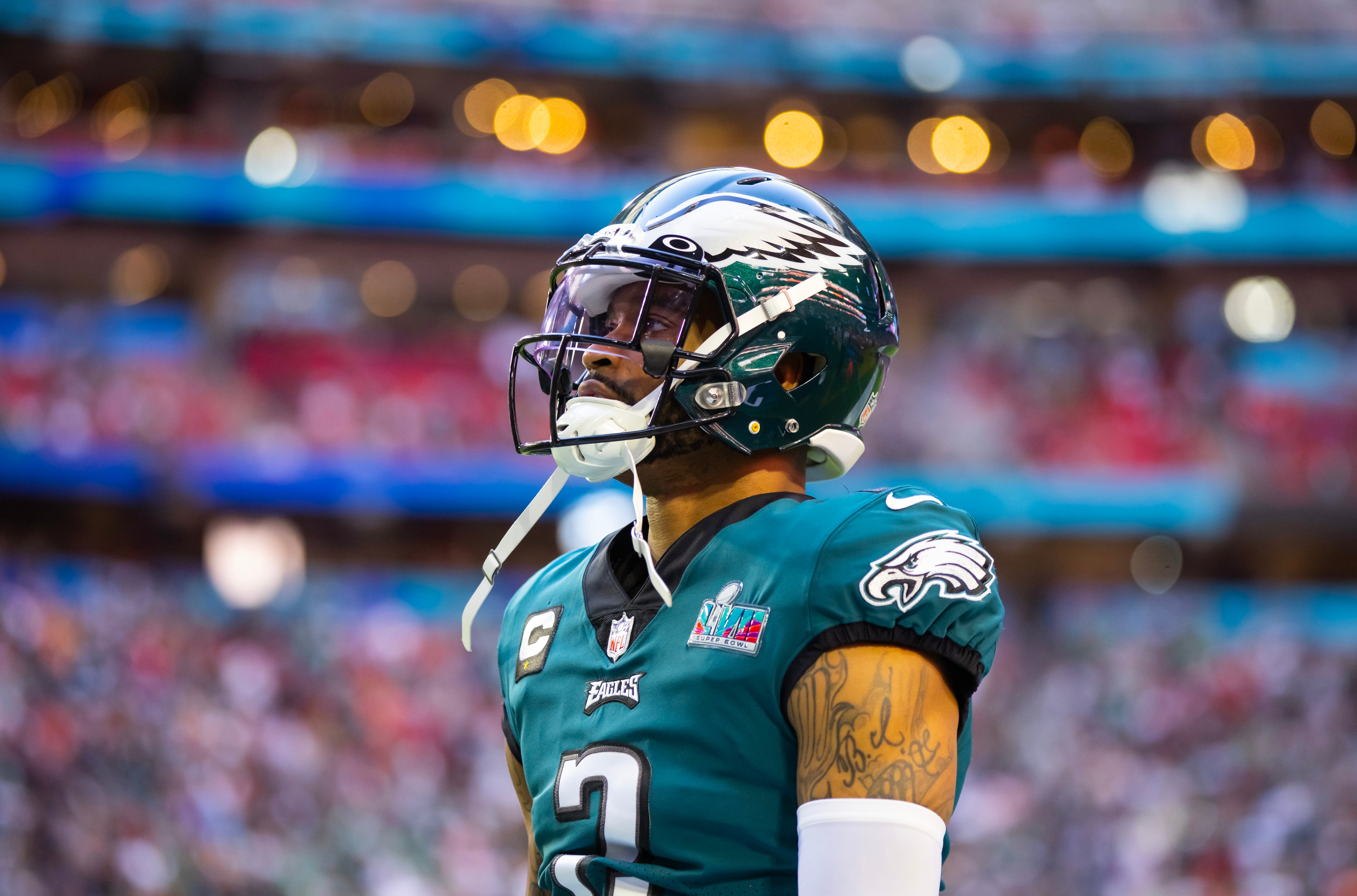 Feb 12, 2023; Glendale, Arizona, US; Philadelphia Eagles cornerback Darius Slay (2) against the Kansas City Chiefs during Super Bowl LVII at State Farm Stadium. Mandatory Credit: Mark J. Rebilas-USA TODAY Sports
