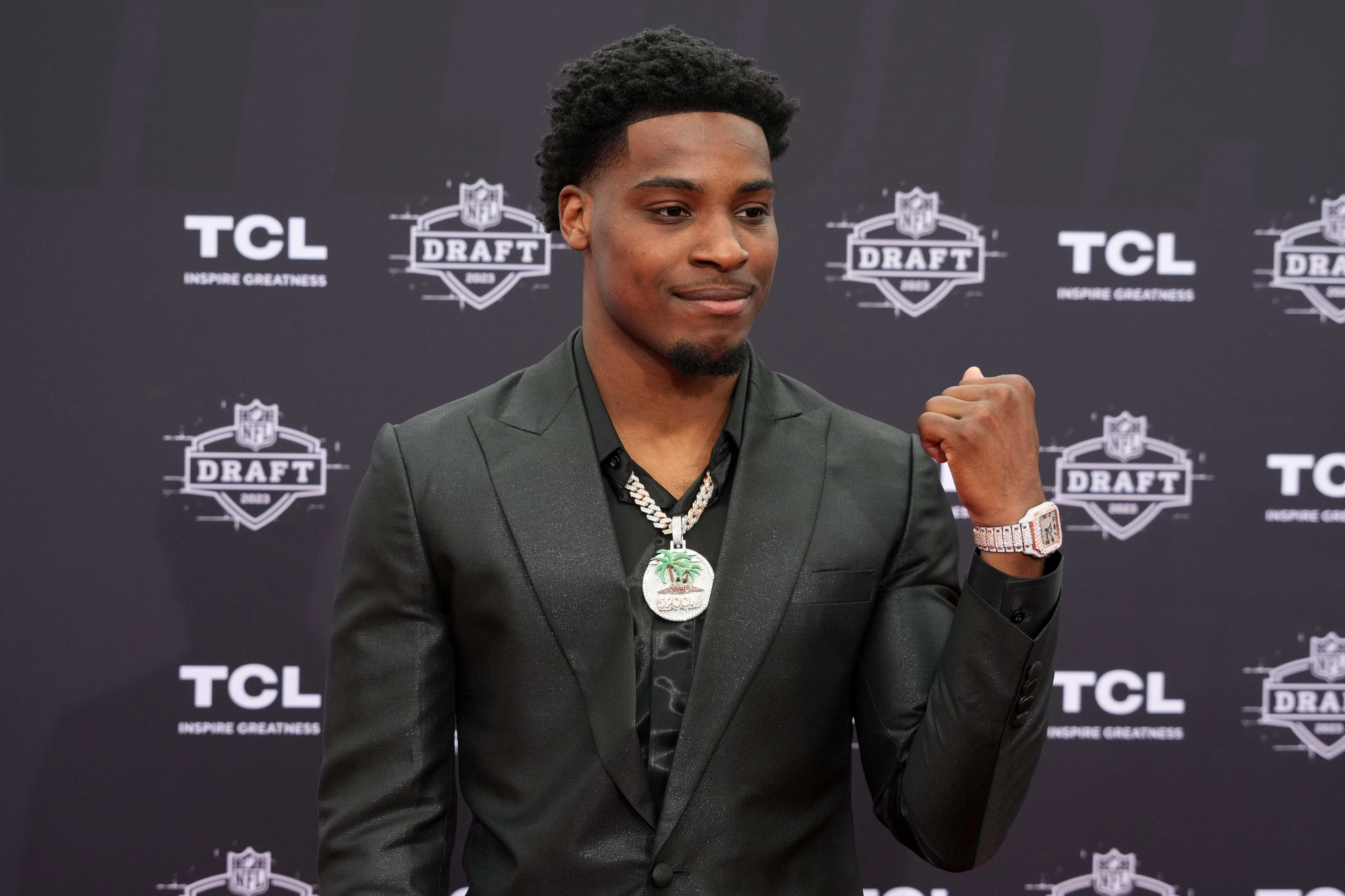 Apr 27, 2023; Kansas City, MO, USA; Illinois Fighting Illini cornerback Devon Witherspoon poses on the red carpet at the National World War I Museum and Memorial.