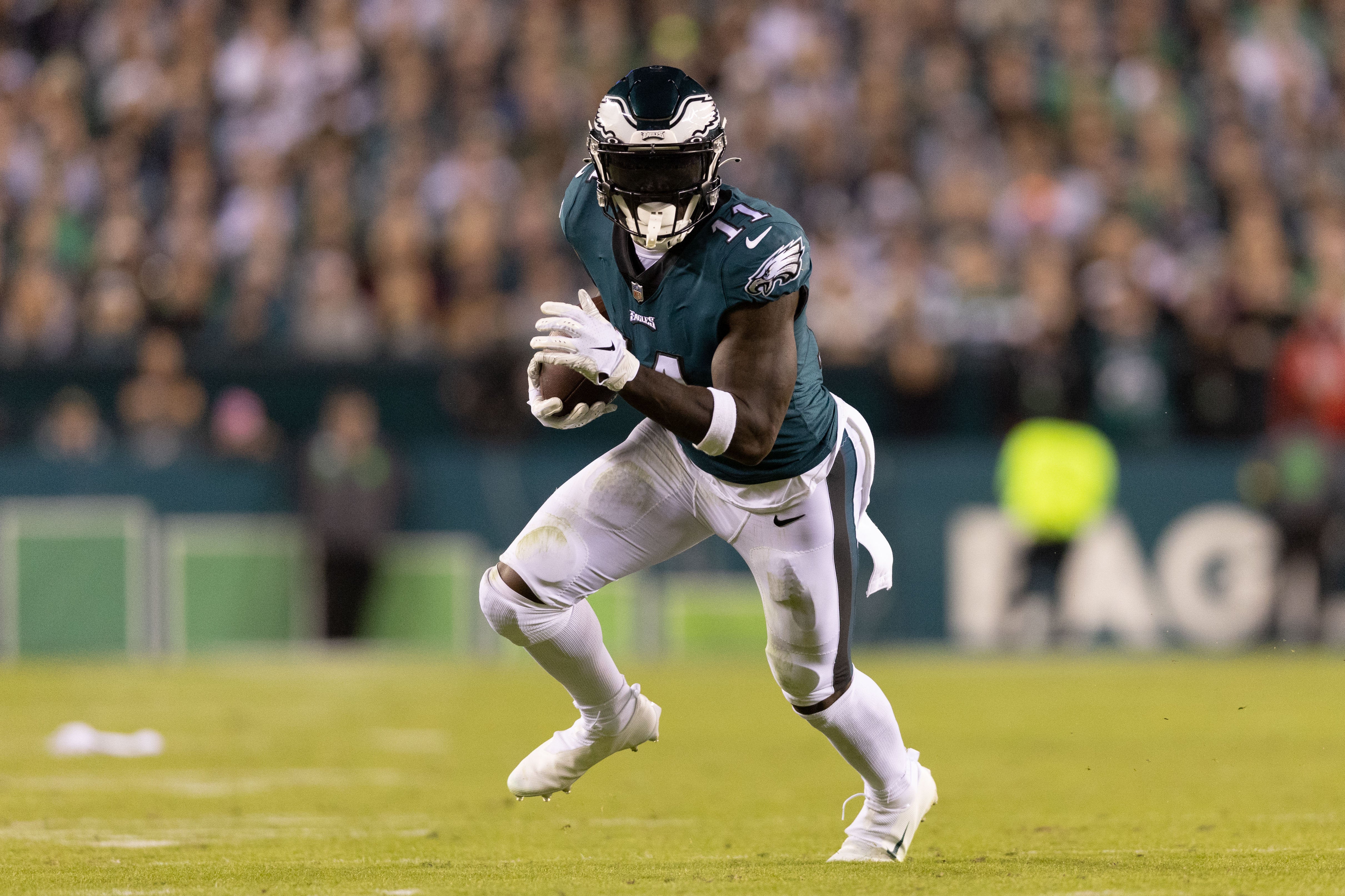 Oct 16, 2022; Philadelphia, Pennsylvania, USA; Philadelphia Eagles wide receiver A.J. Brown (11) in action against the Dallas Cowboys at Lincoln Financial Field.