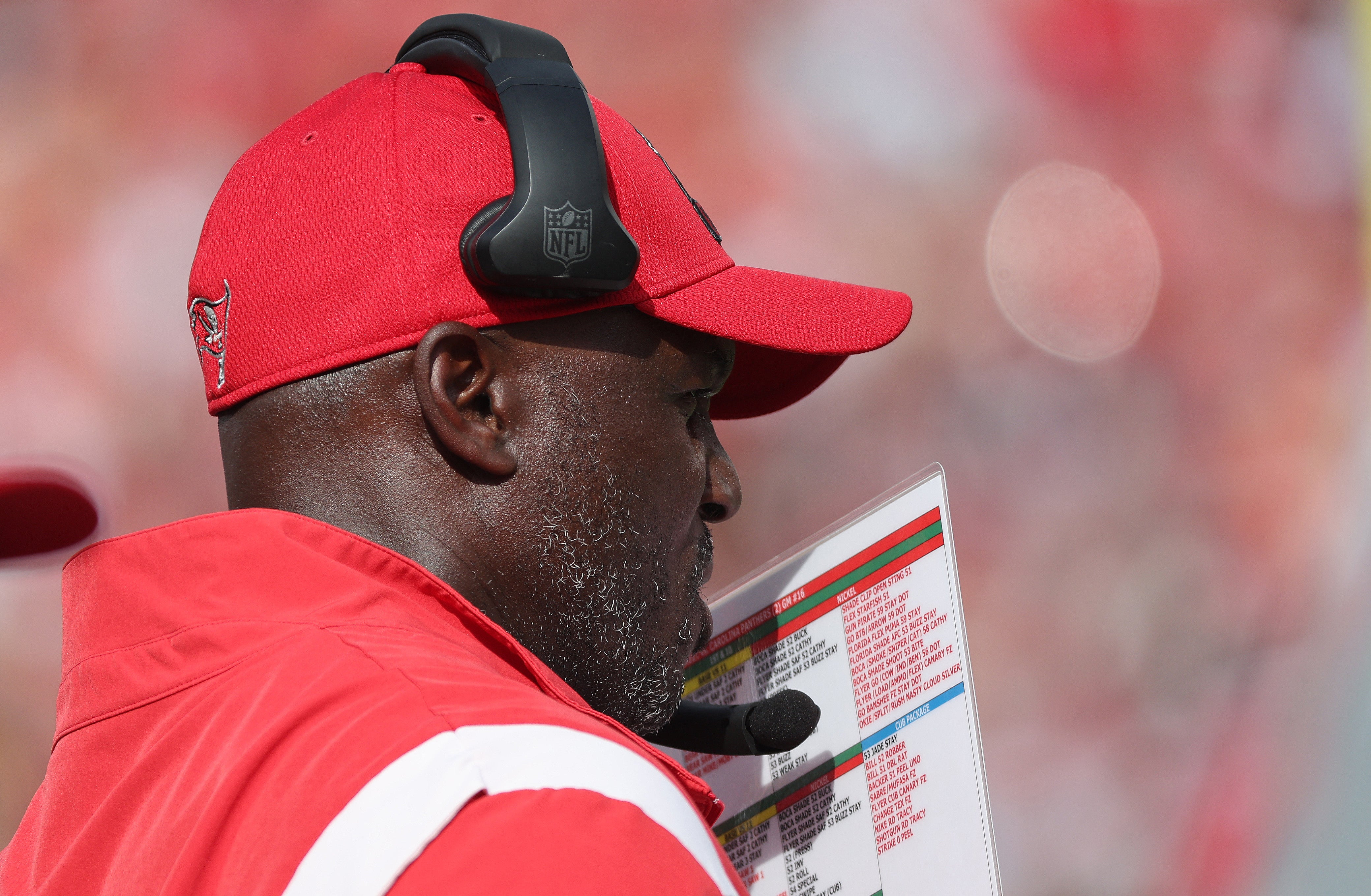 Jan 1, 2023; Tampa, Florida, USA; Tampa Bay Buccaneers head coach Todd Bowles against the Carolina Panthers during the first half at Raymond James Stadium. Mandatory Credit: Kim Klement-USA TODAY Sports