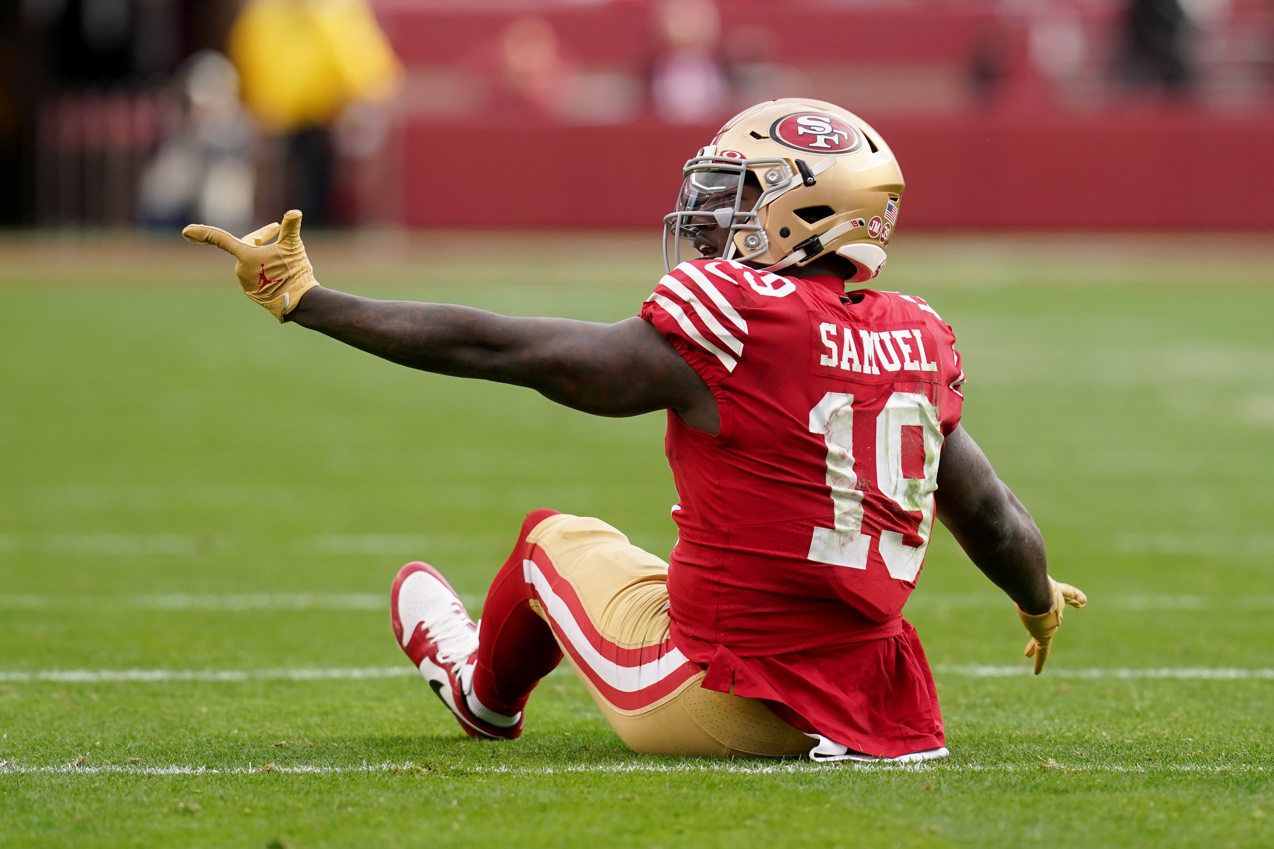 Jan 14, 2023; Santa Clara, California, USA; San Francisco 49ers wide receiver Deebo Samuel (19) reacts after a play in the third quarter of a wild card game against the Seattle Seahawks at Levi's Stadium.