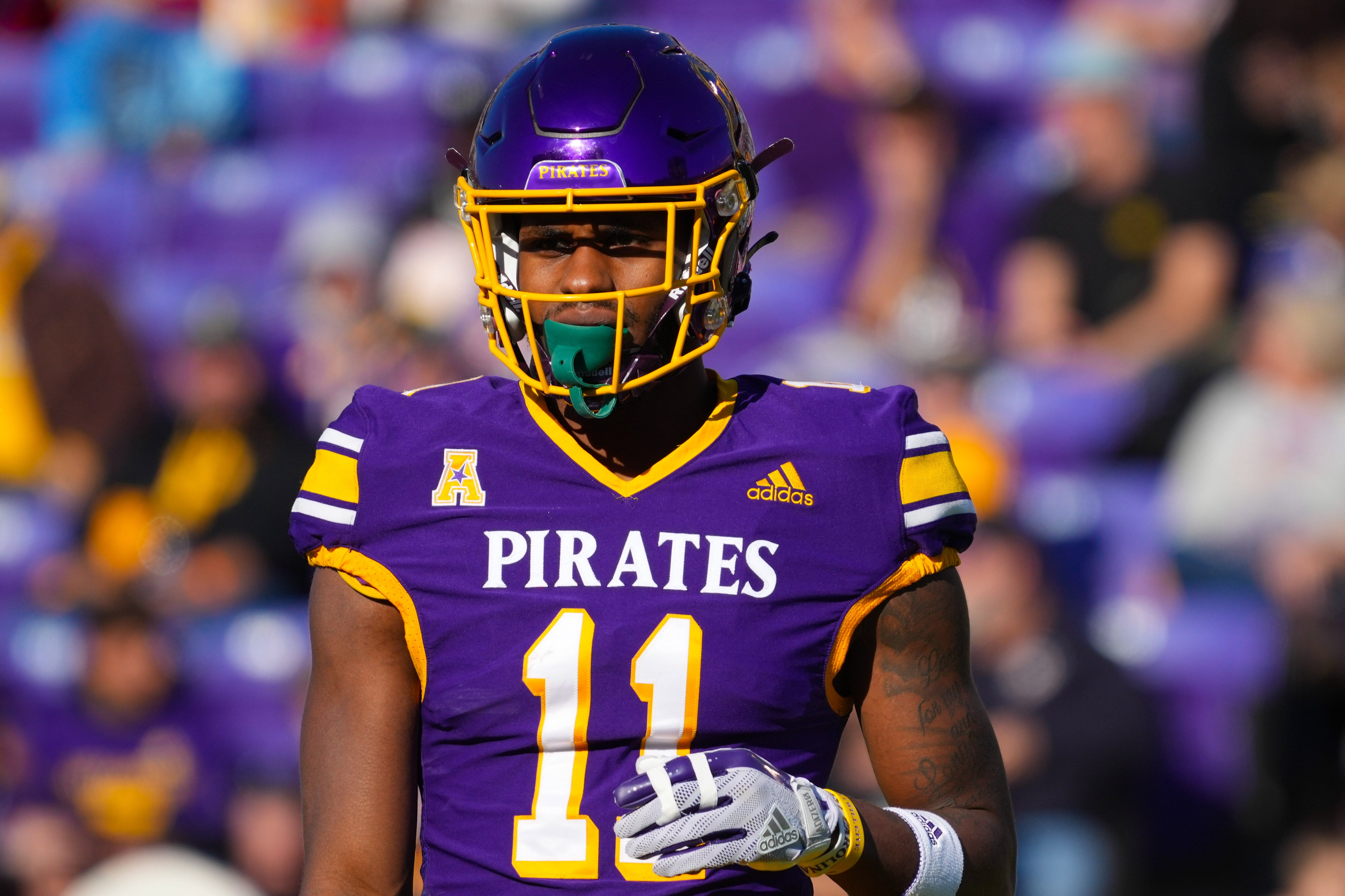 Nov 19, 2022; Greenville, North Carolina, USA; East Carolina Pirates wide receiver Isaiah Winstead (11) looks on against the Houston Cougars during the first half at Dowdy-Ficklen Stadium.