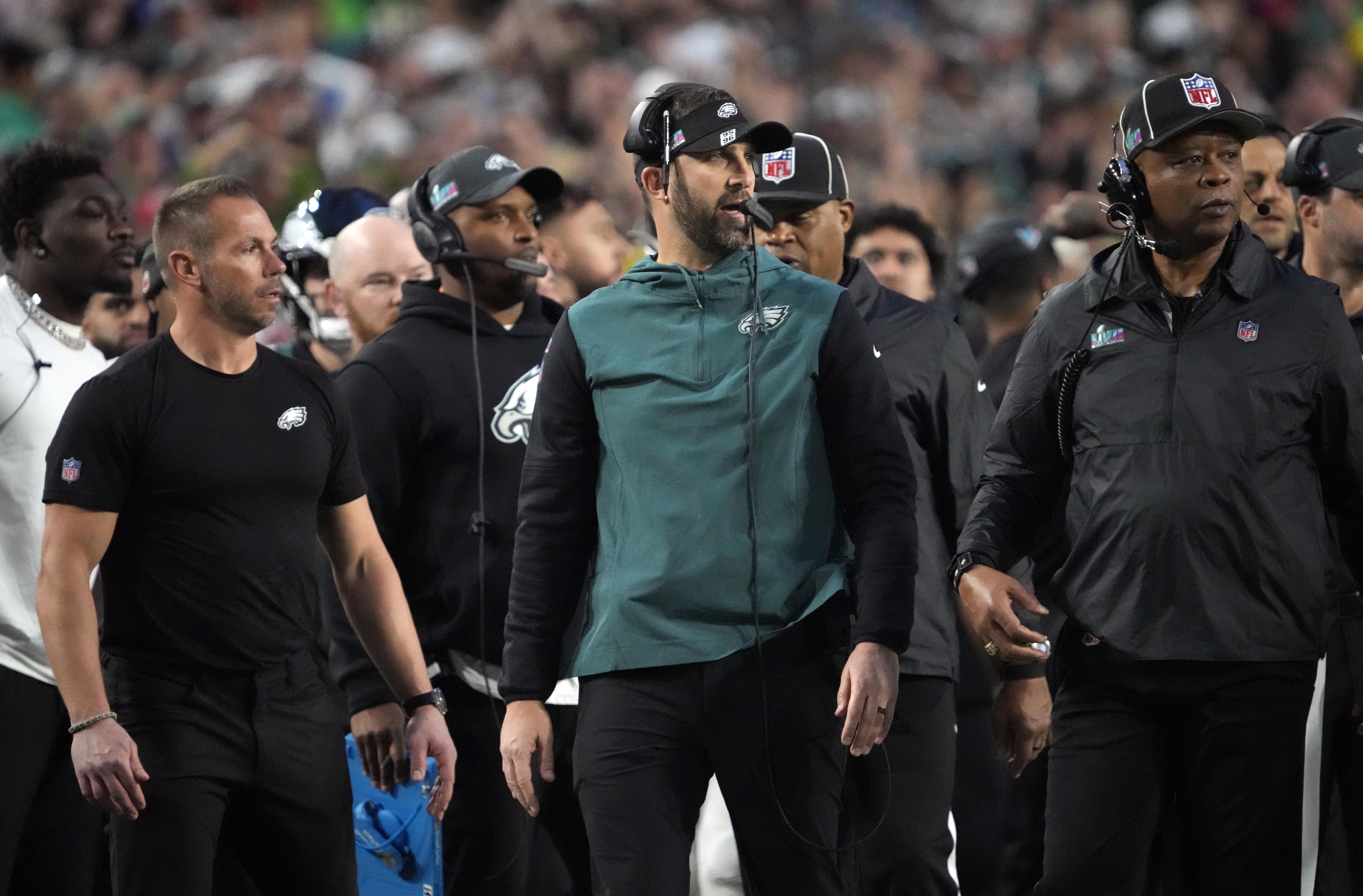 Philadelphia Eagles head coach Nick Sirianni reacts against the Kansas City Chiefs during the second quarter in Super Bowl LVII at State Farm Stadium in Glendale on Feb. 12, 2023. Nfl Super Bowl Lvii Kansas City Chiefs Vs Philadelphia Eagles
