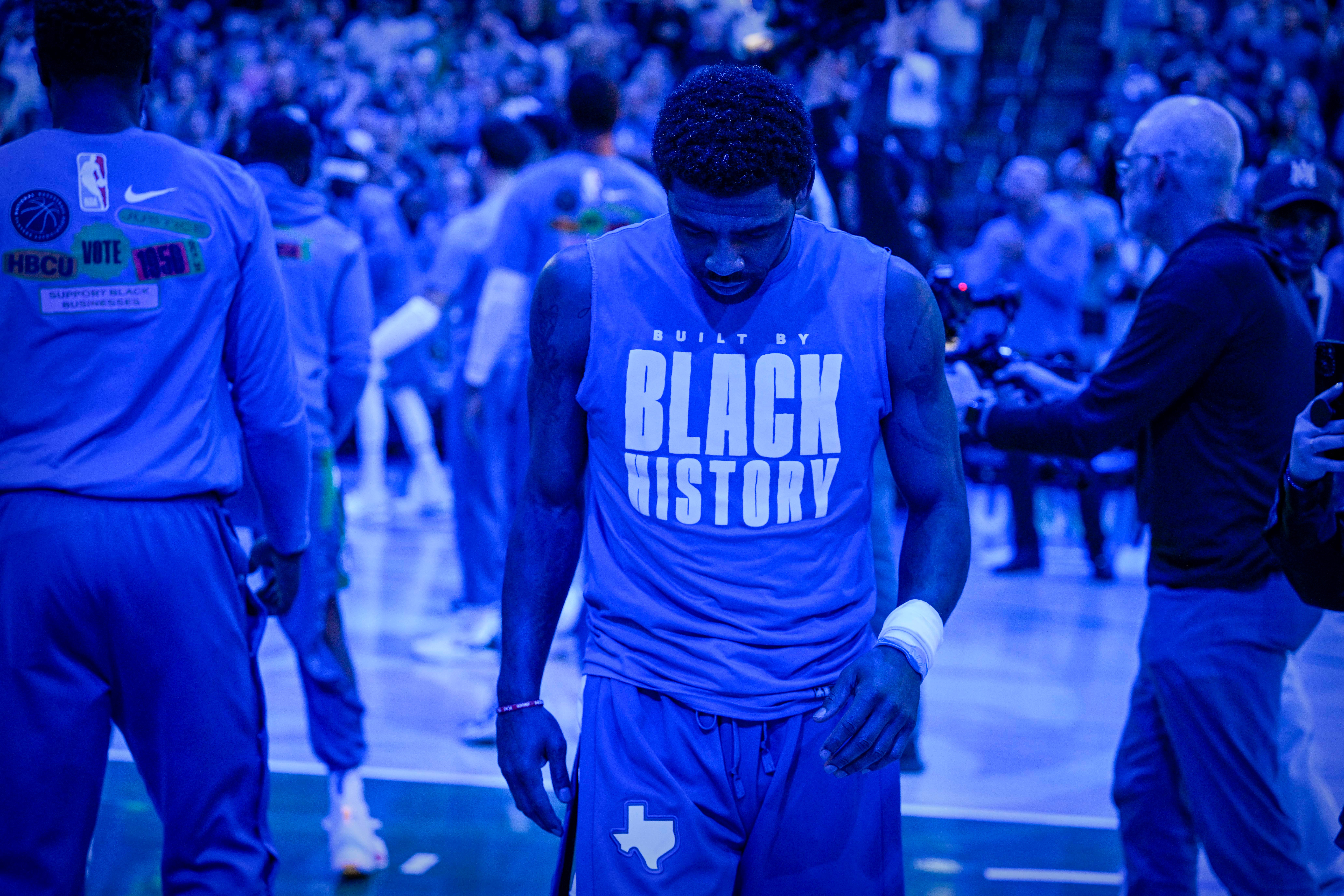 Feb 28, 2023; Dallas, Texas, USA; Dallas Mavericks guard Kyrie Irving (2) before the game between the Dallas Mavericks and the Indiana Pacers at American Airlines Center.