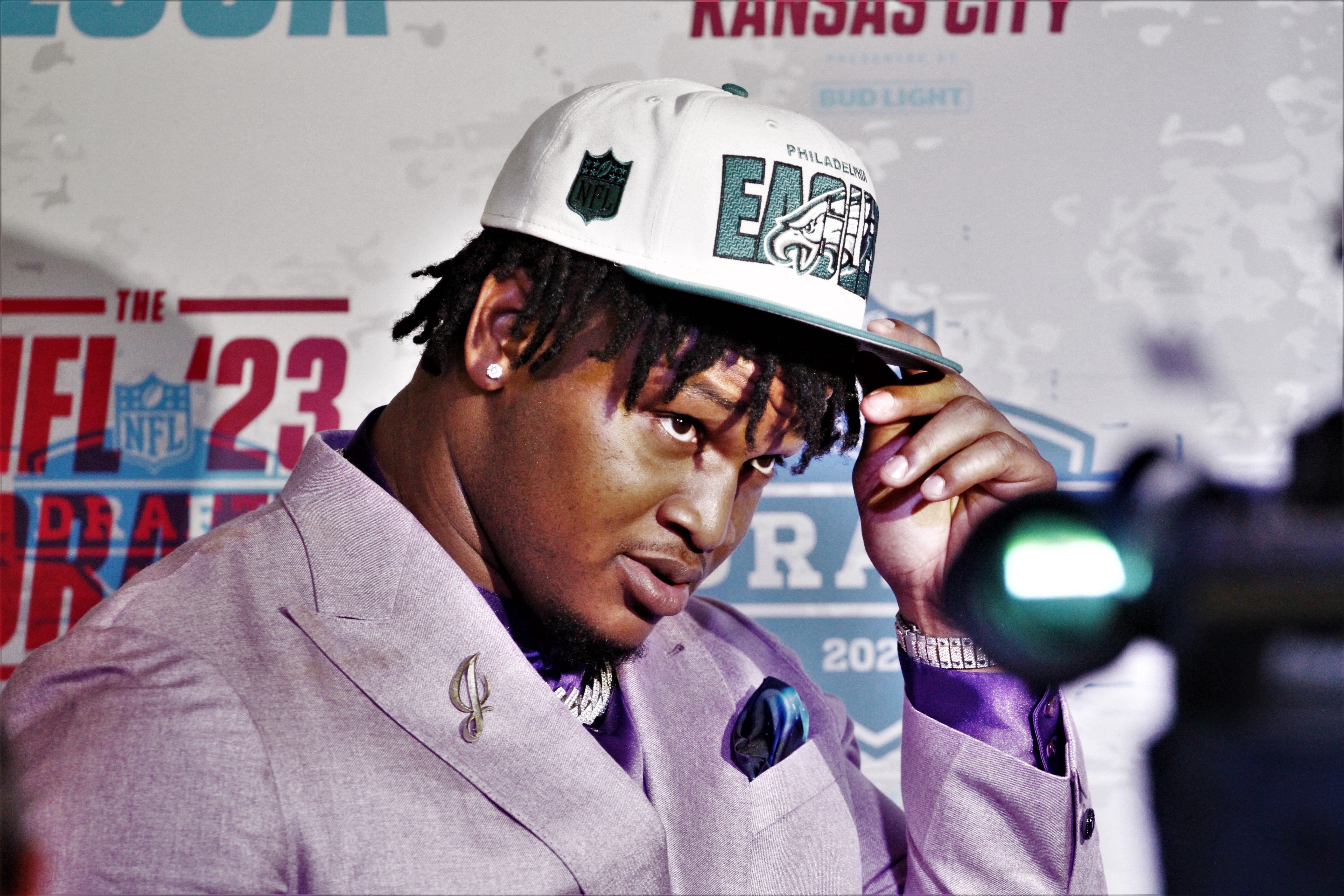 Georgia defensive lineman Jalen Carter speaks with the media after getting selected No. 9 overall by the Philadelphia Eagles on April 27, 2023, in Kansas City, Mo.