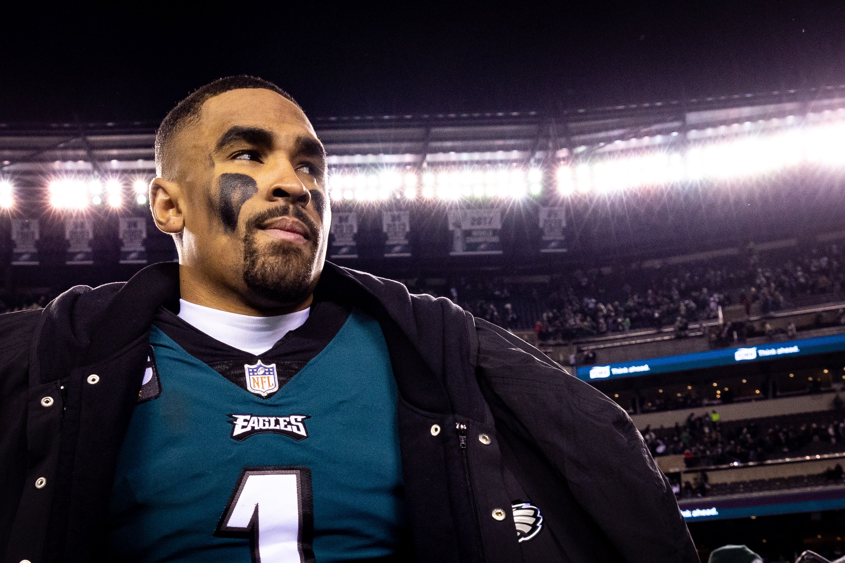 an 21, 2023; Philadelphia, Pennsylvania, USA; Philadelphia Eagles quarterback Jalen Hurts (1) walks off the field after a victory against the New York Giants in an NFC divisional round game at Lincoln Financial Field. Bill Streicher-USA TODAY Sports