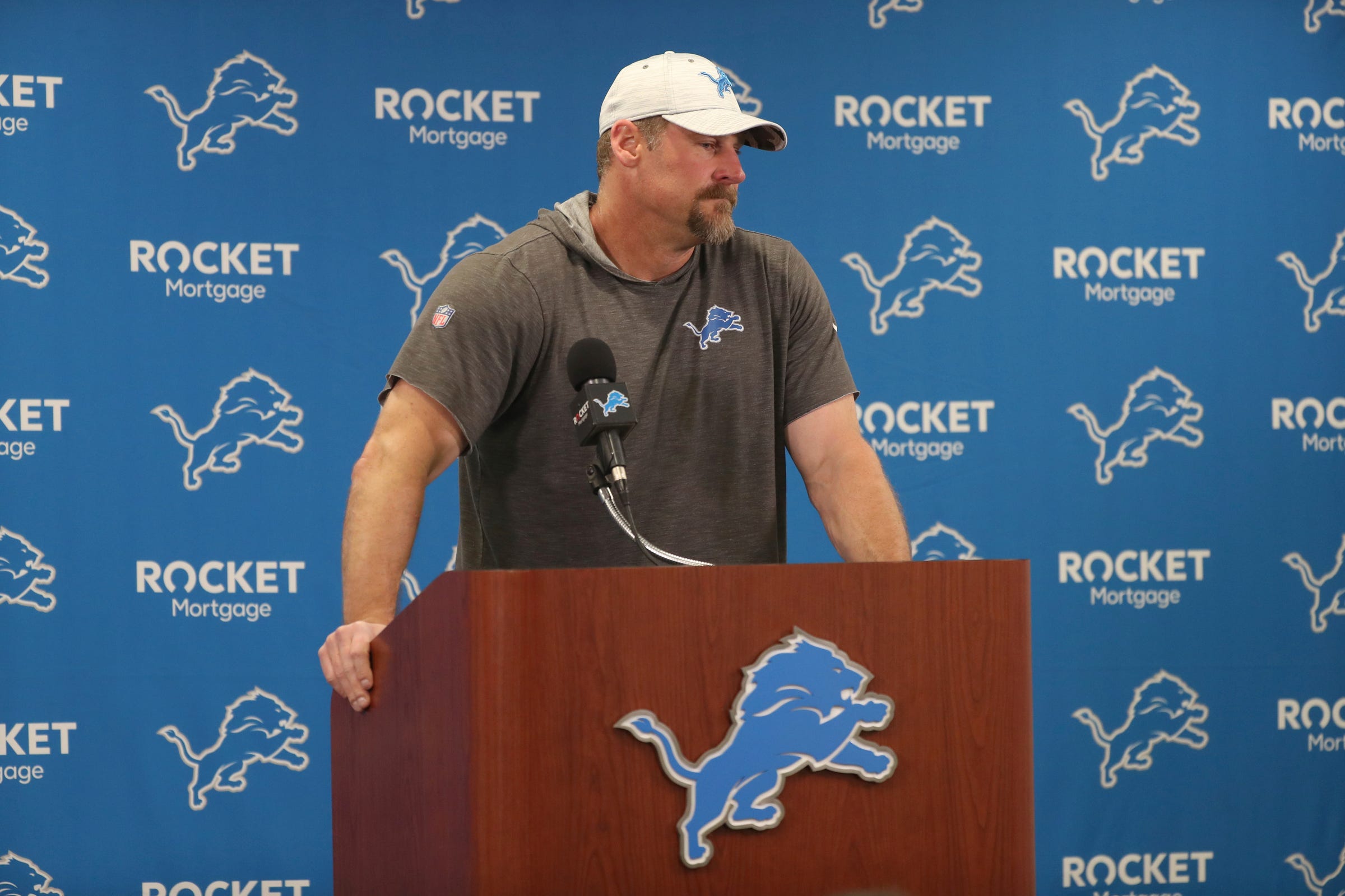 Lions coach Dan Campbell talks with reporters before OTAs on Thursday, June 2, 2022, in Allen Park. Lions
