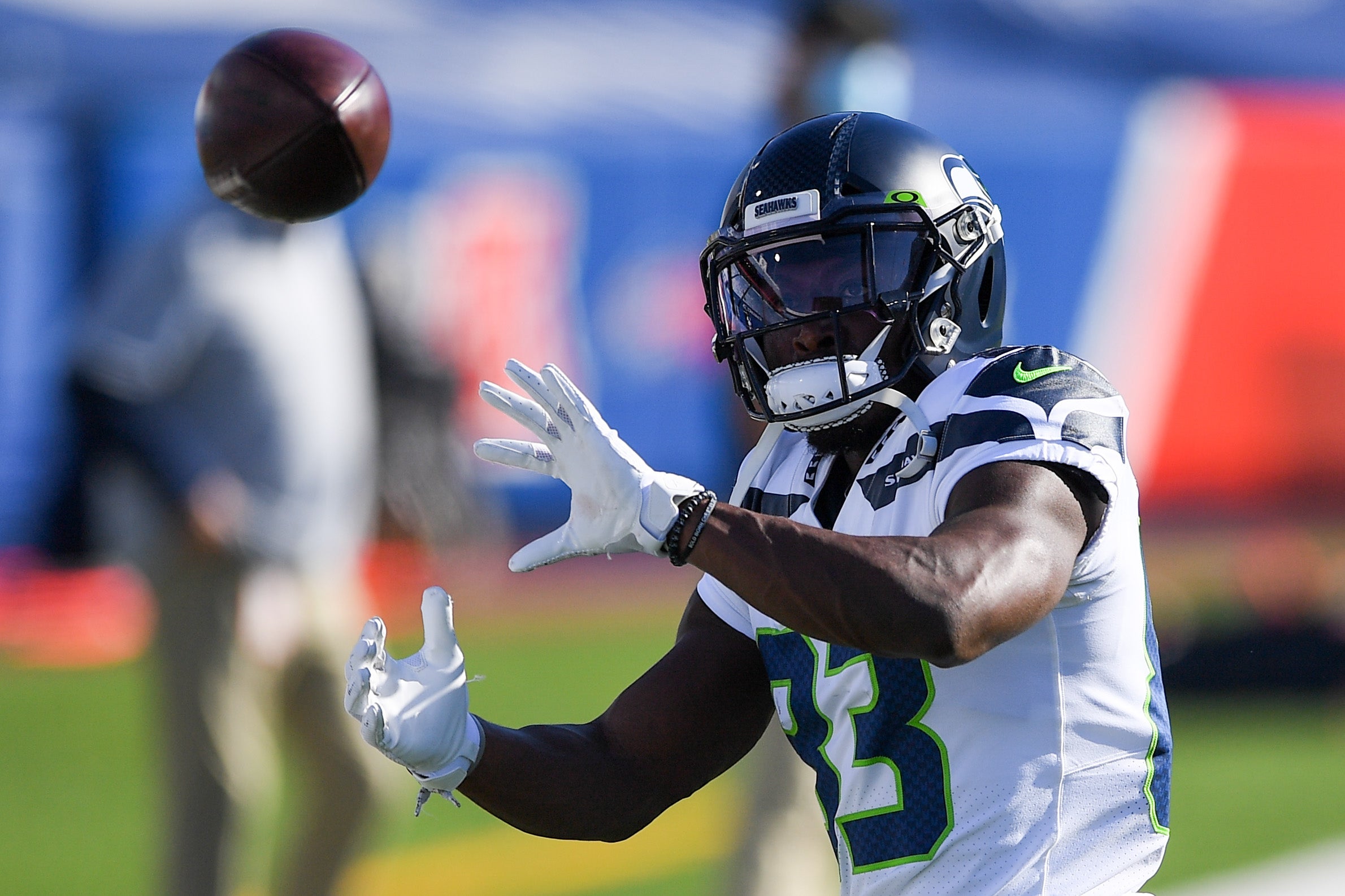 Nov 8, 2020; Orchard Park, New York, USA; Seattle Seahawks wide receiver David Moore (83) warms up prior to the game against the Buffalo Bills at Bills Stadium. Mandatory Credit: Rich Barnes-USA TODAY Sports